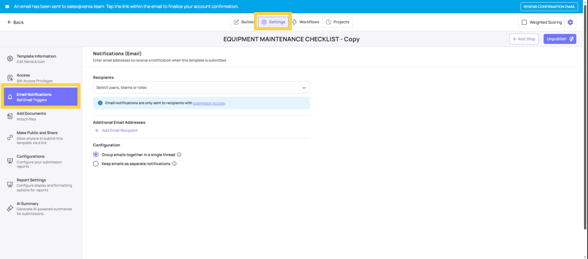 Template Settings Notification Path