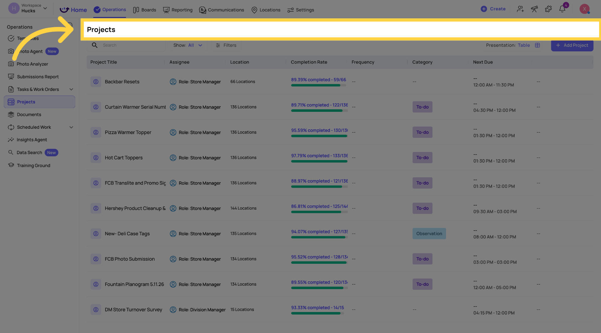 Select Projects Menu