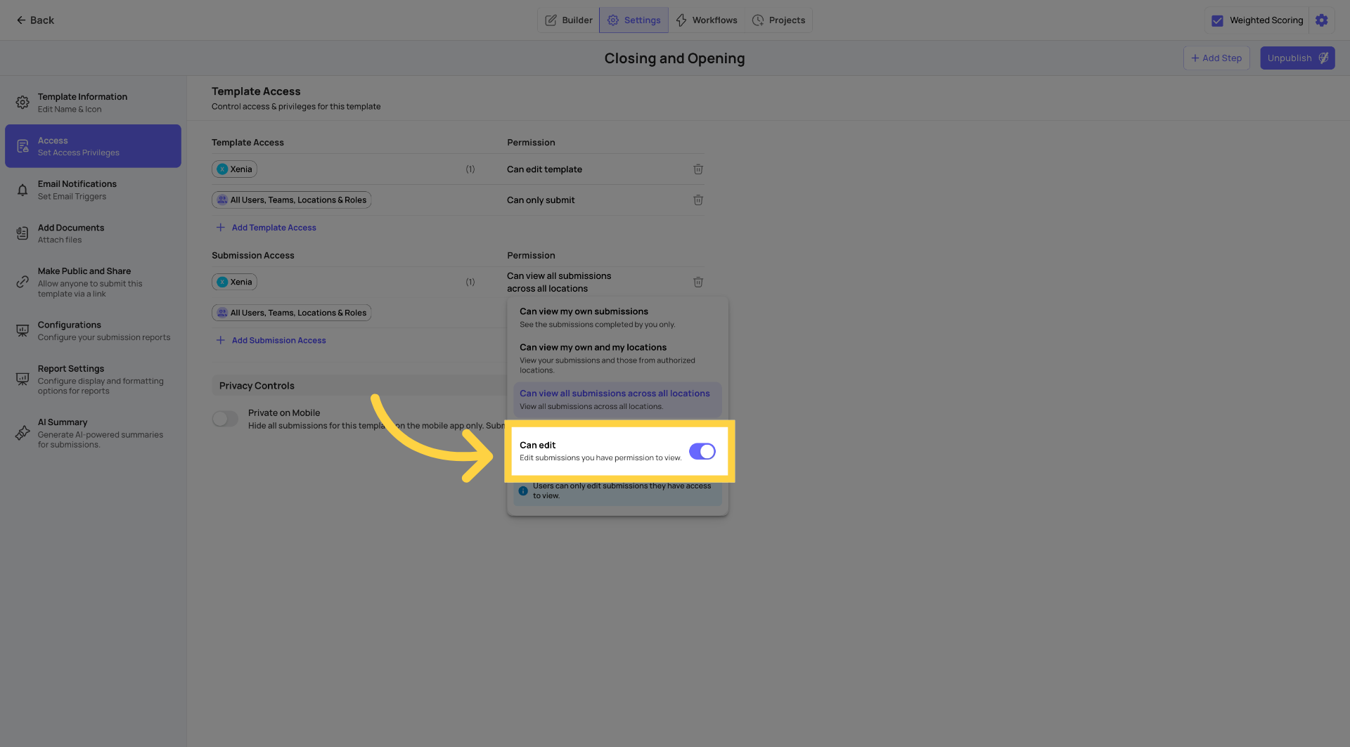Turn On Submission Access