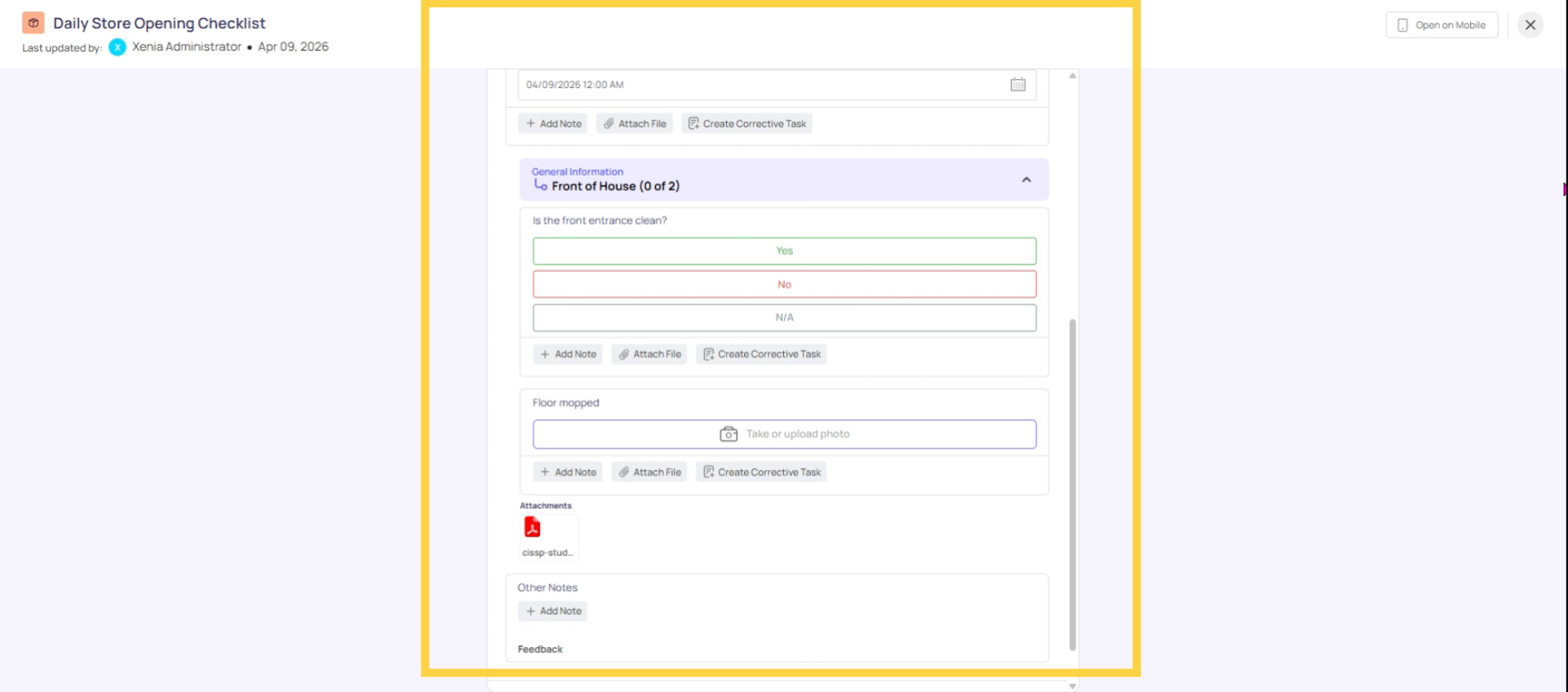 Submit Checklist With Corrective Task