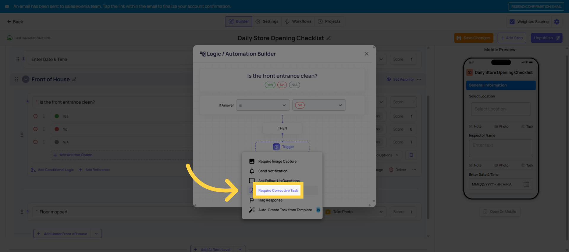Click Require Corrective Task