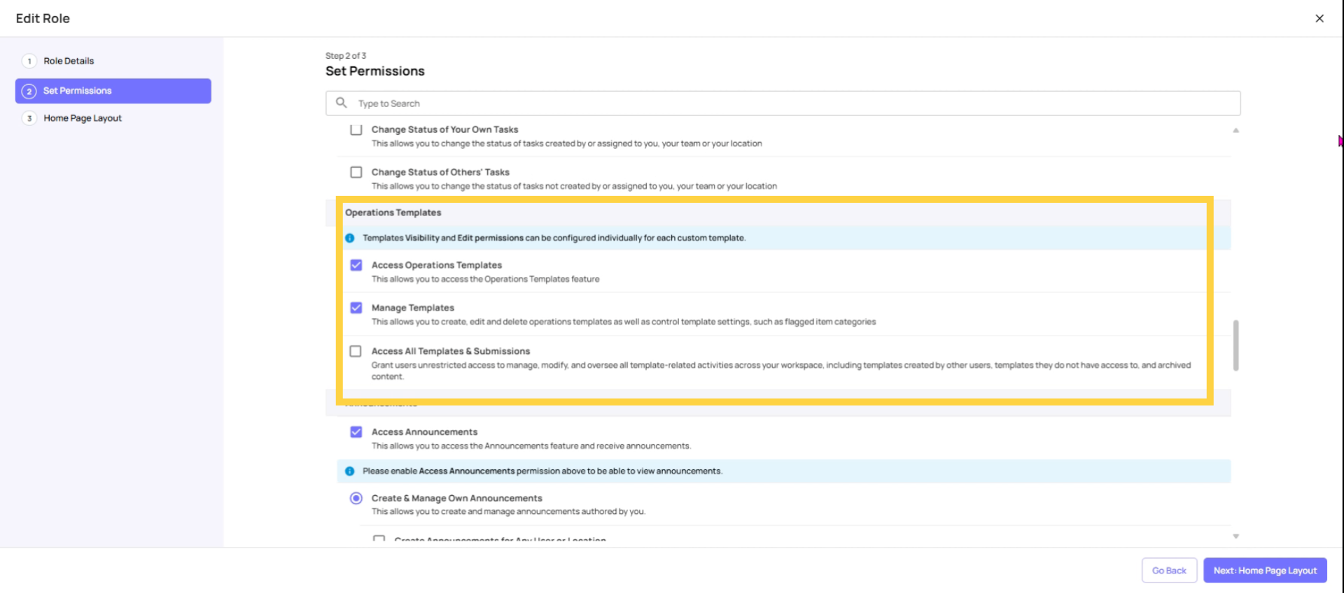 Control Operations Templates Access
