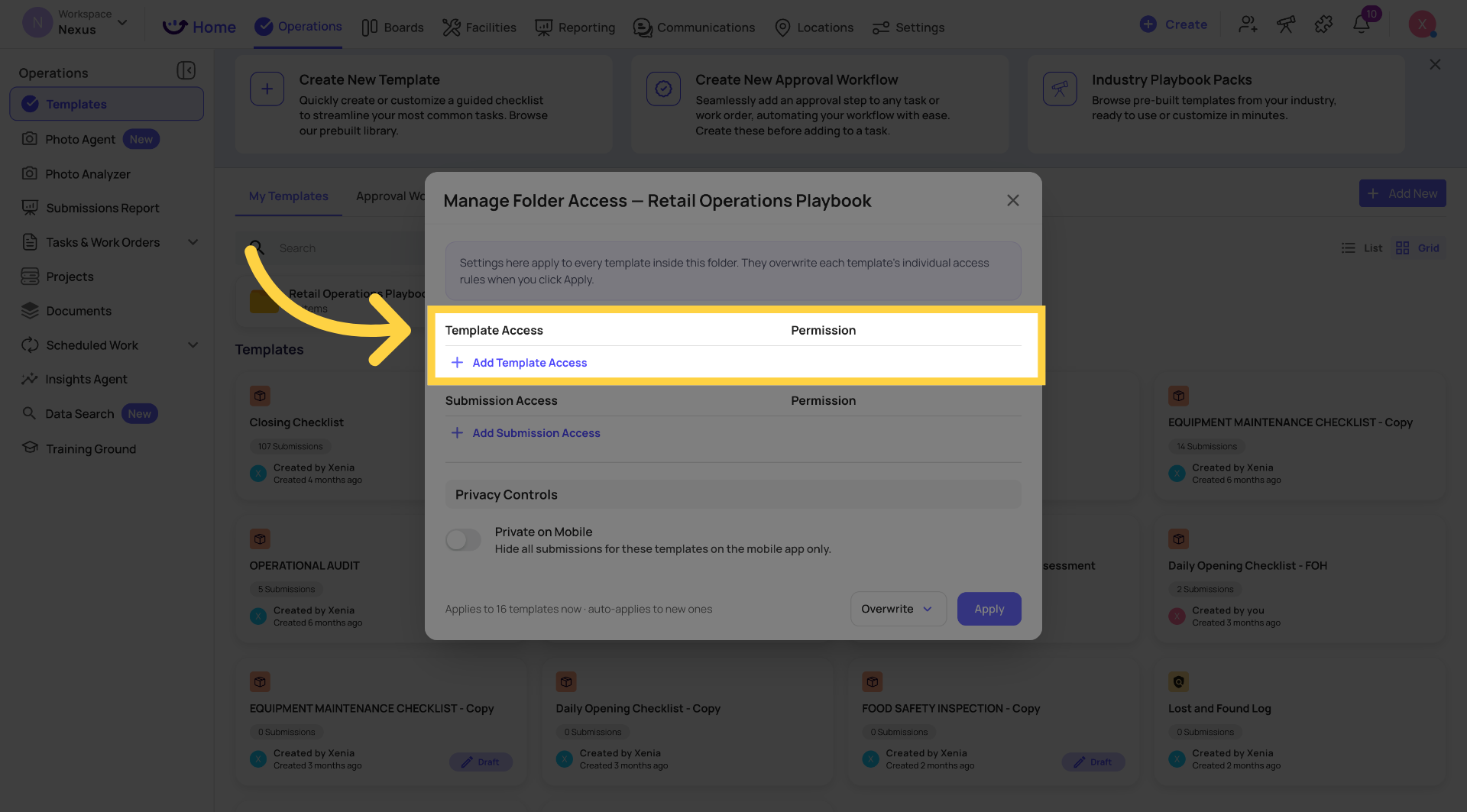 Open Template Access Settings