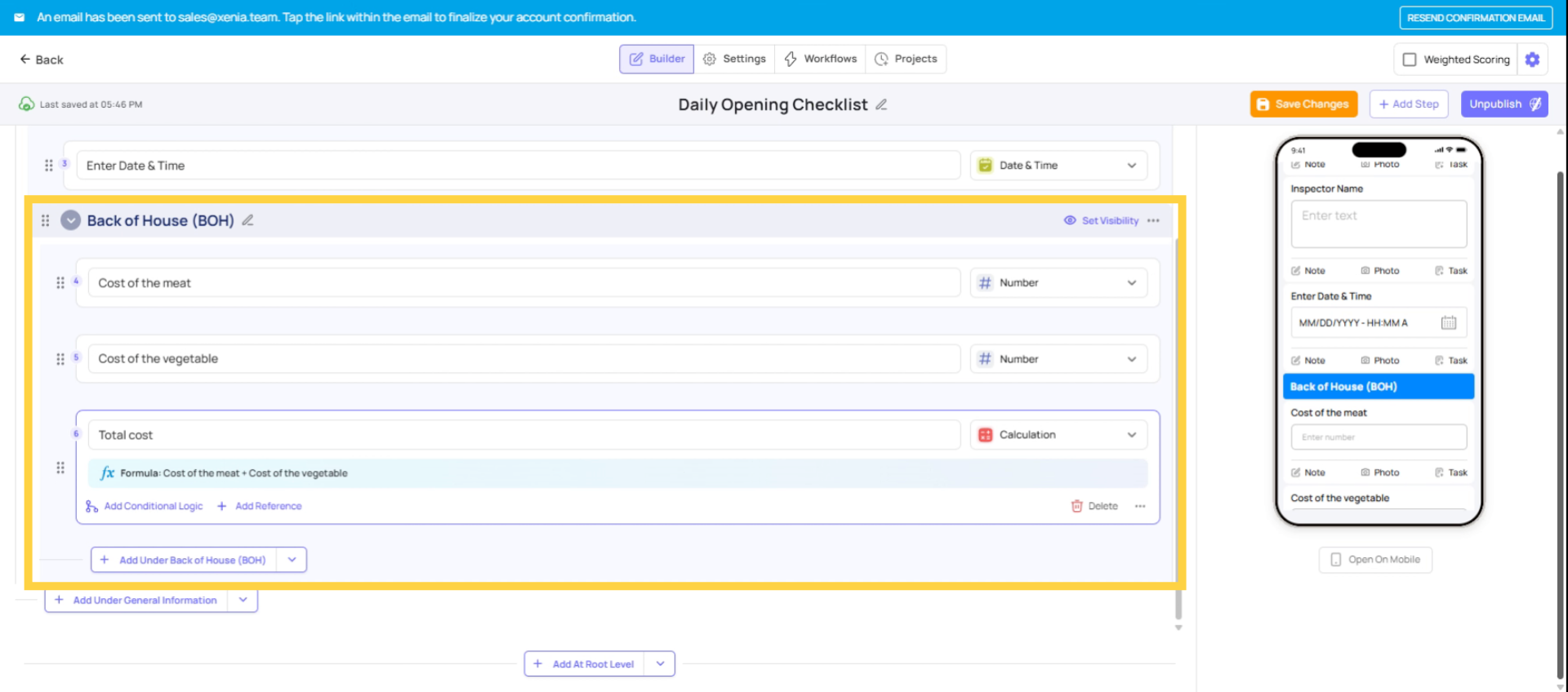 Setup Calculation Step