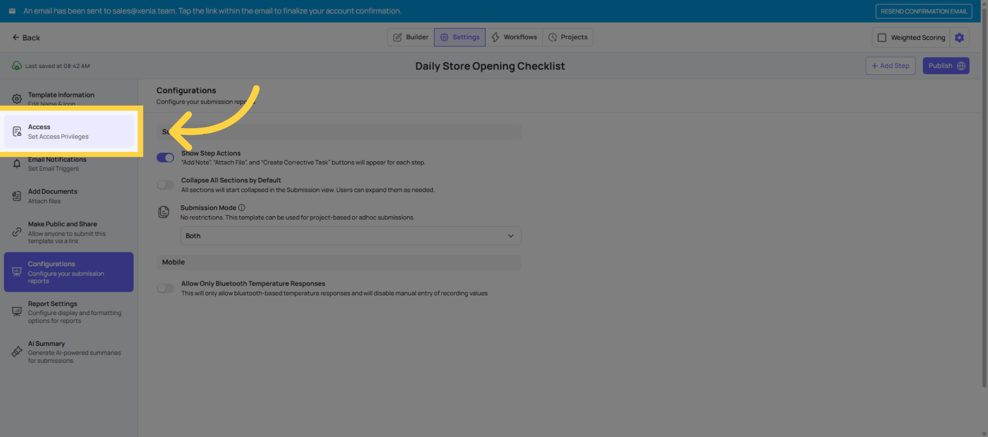 Click Access Set Access Privileges