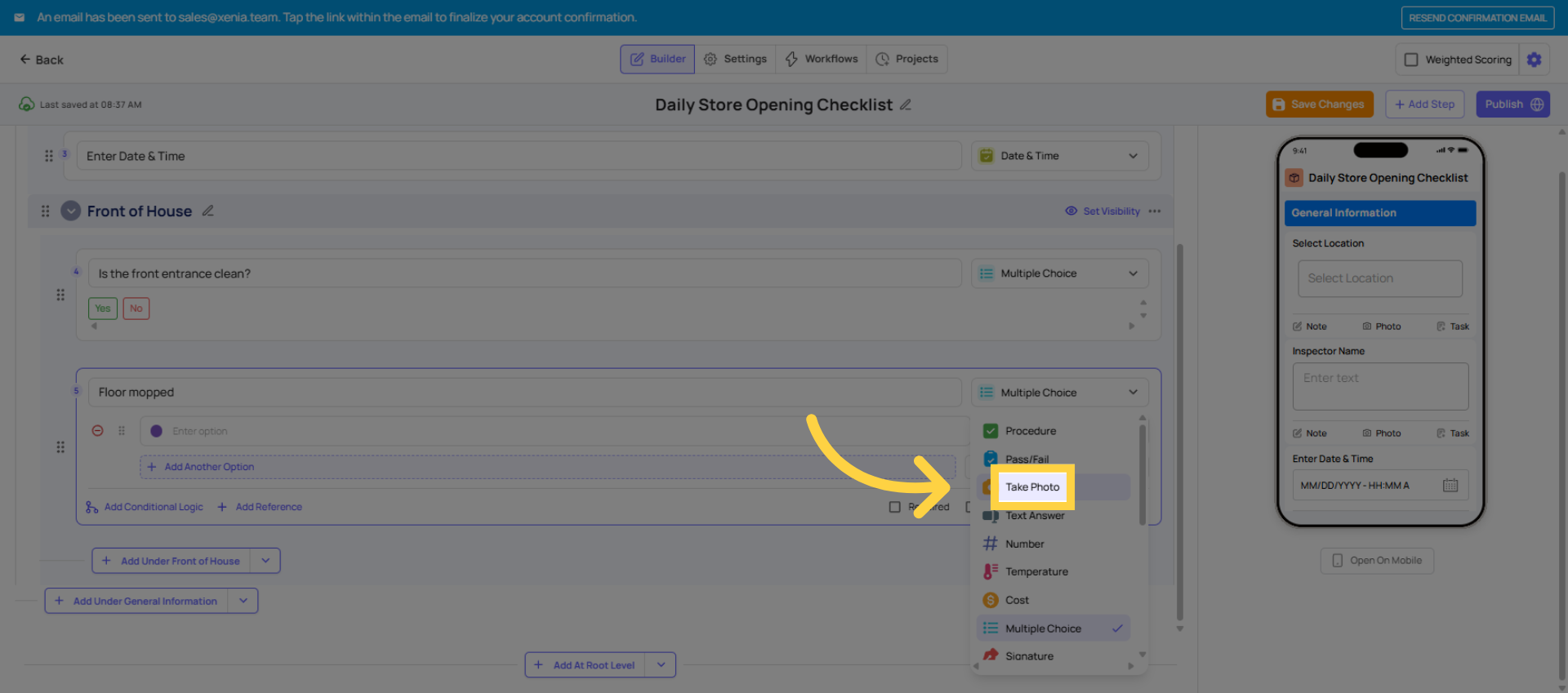 Select Take Photo Step