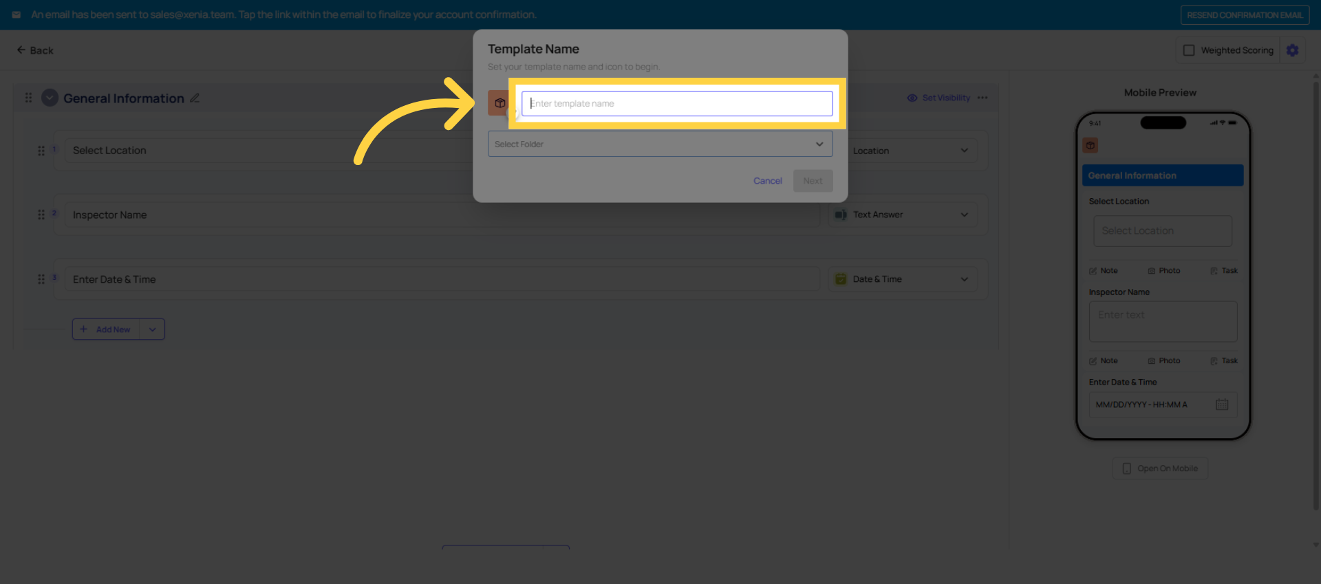 Enter Template Name Field