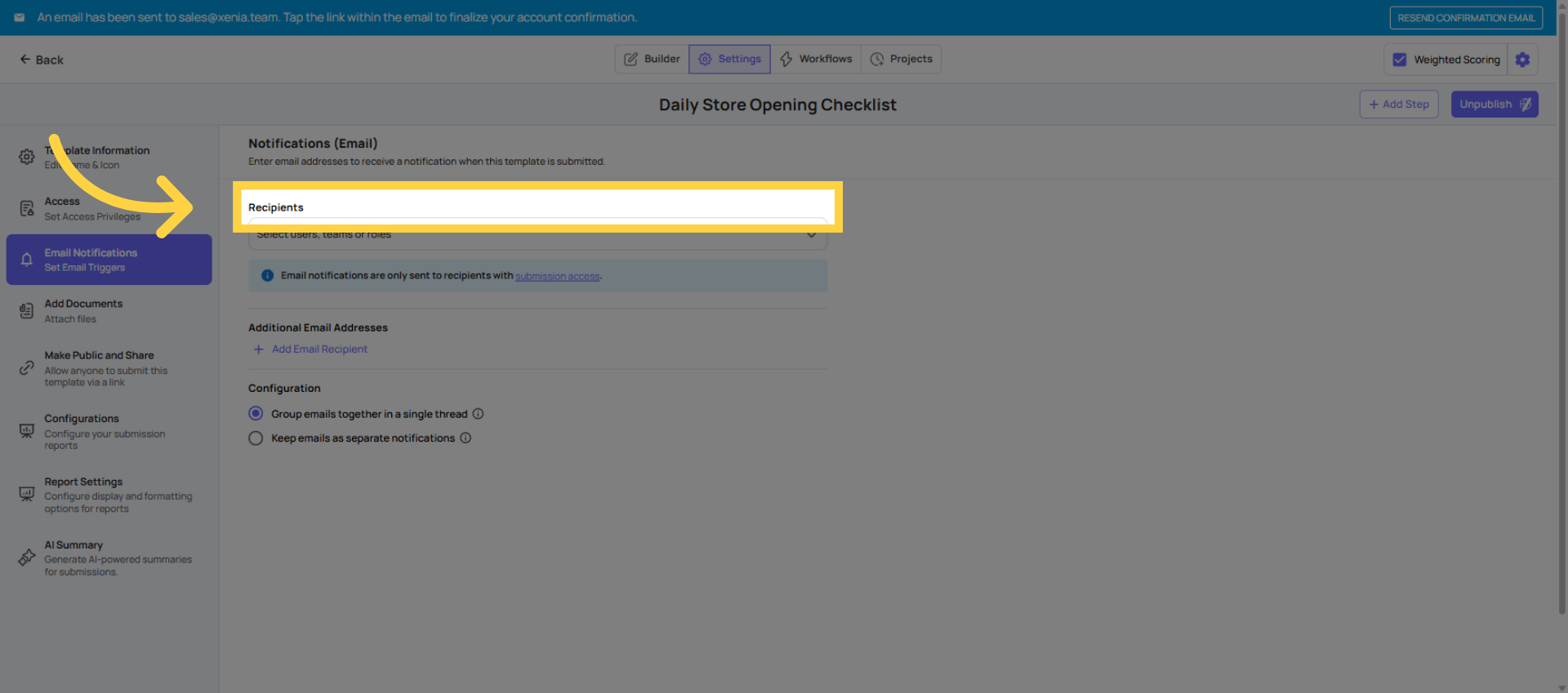 Navigate to Recipients Section