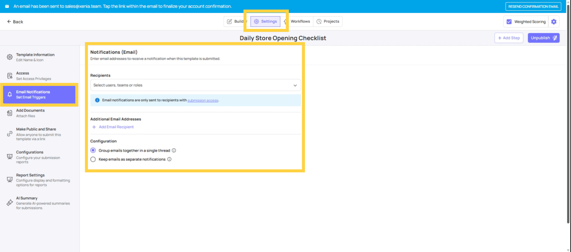 Configure Template Email Settings