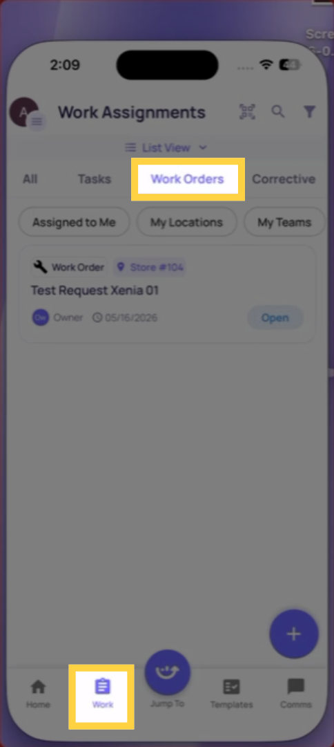 Locate Work Orders Tab