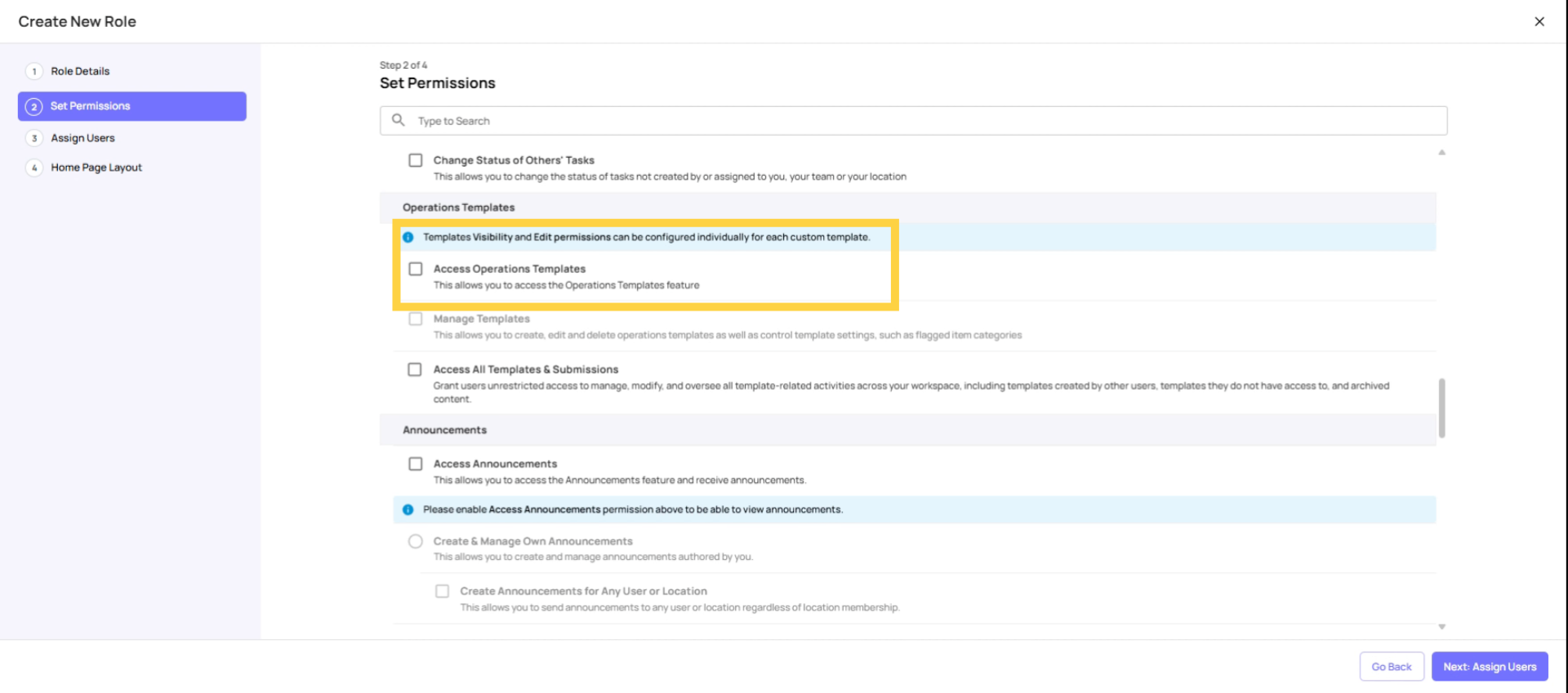 Enable Access To Operation Templates