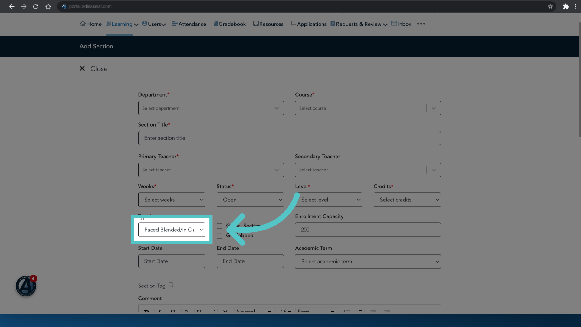 Click 'Select typePaced Blended/In ClassVirtual PacedVirtual Self-Paced'