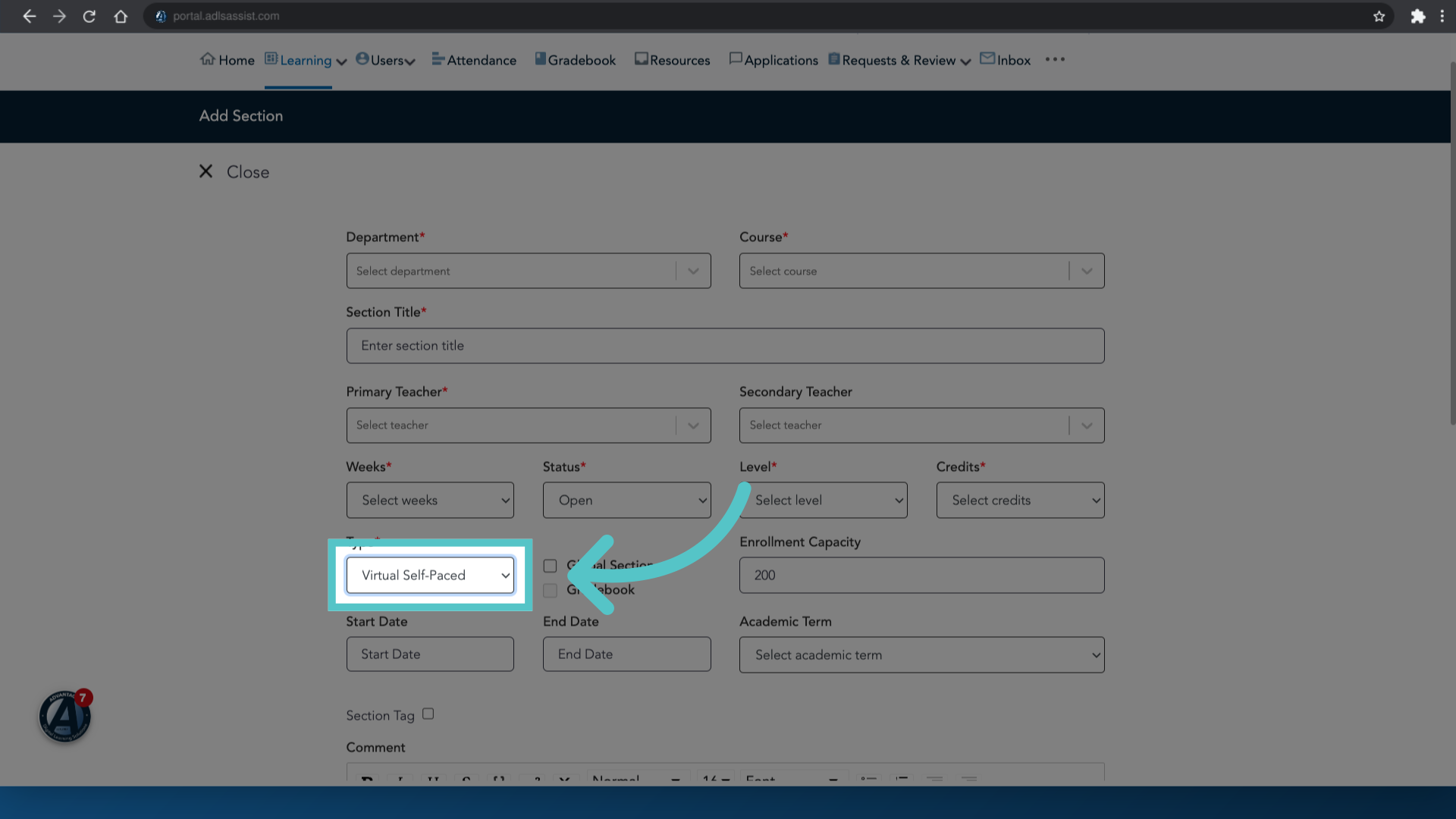 Fill 'Select typePaced Blended/In ClassVirtual PacedVirtual Self-Paced'