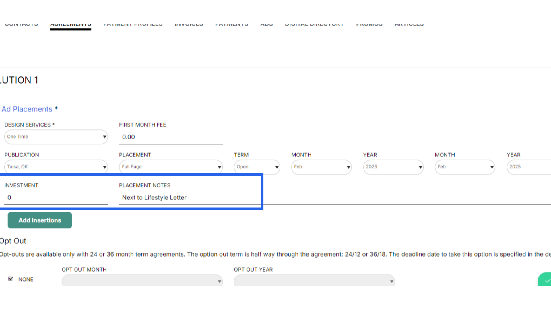 Change Investment to $0 and add Placement Note