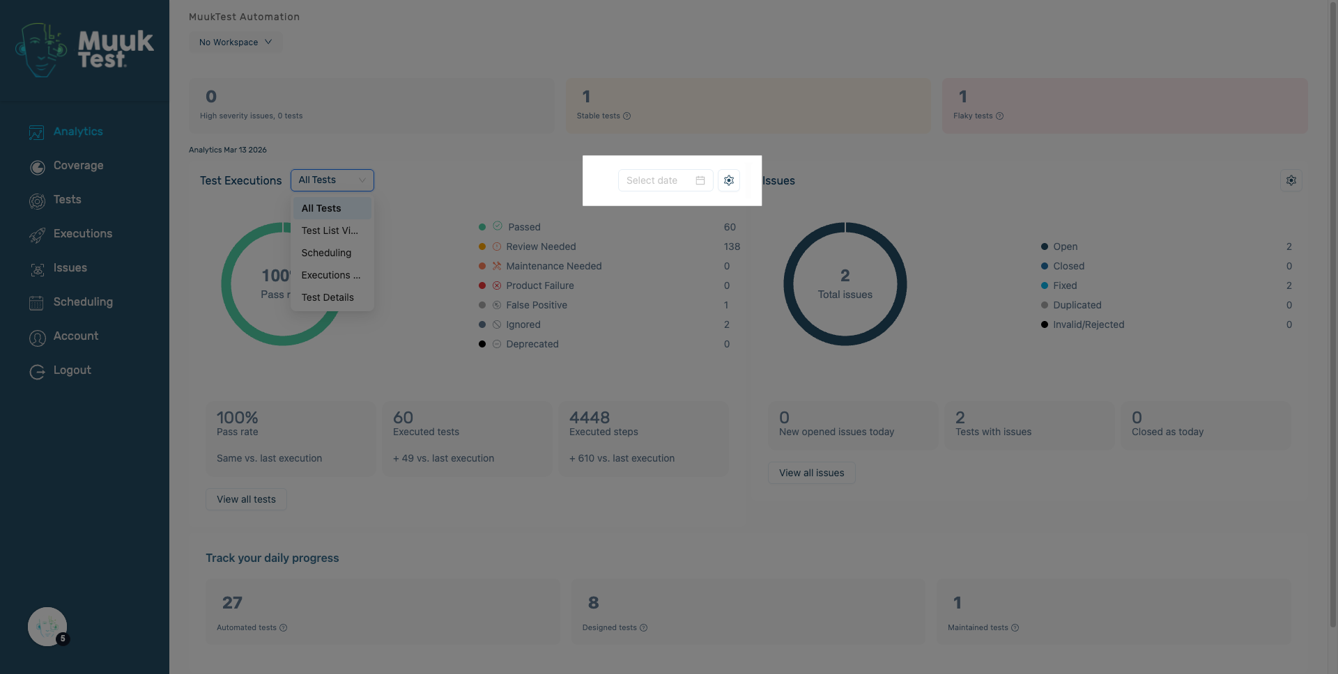 Test Executions Filters: Date