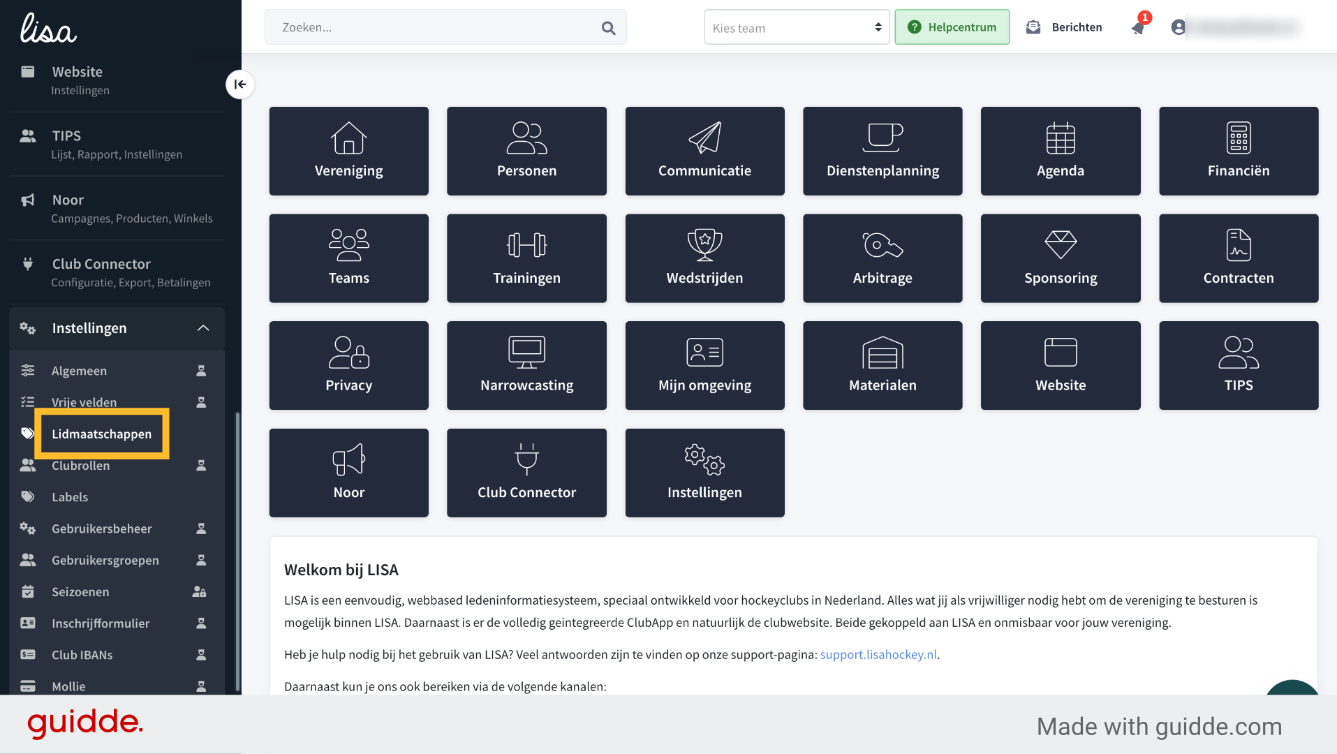  Klik op de submodule 'Lidmaatschappen' onder de module 'Instellingen'