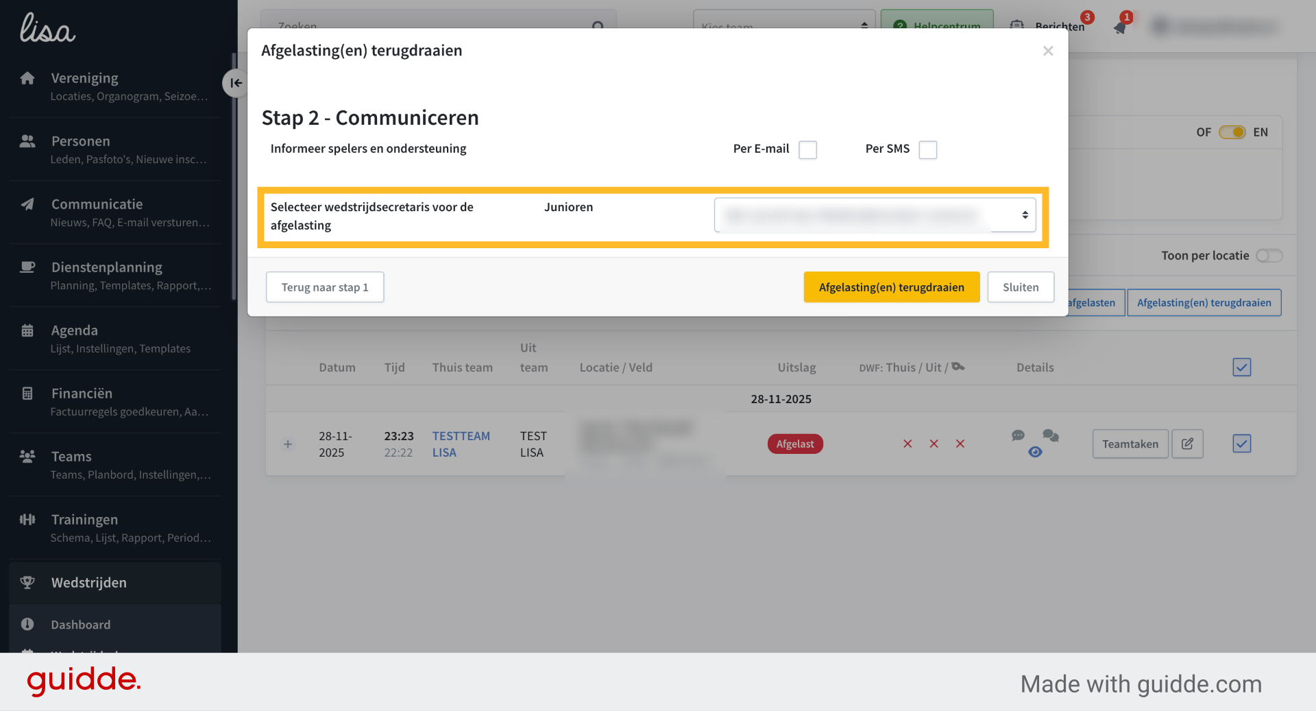 Controleer of de juiste persoon staat ingevuld of pas dit aan doormiddel van de dropdown