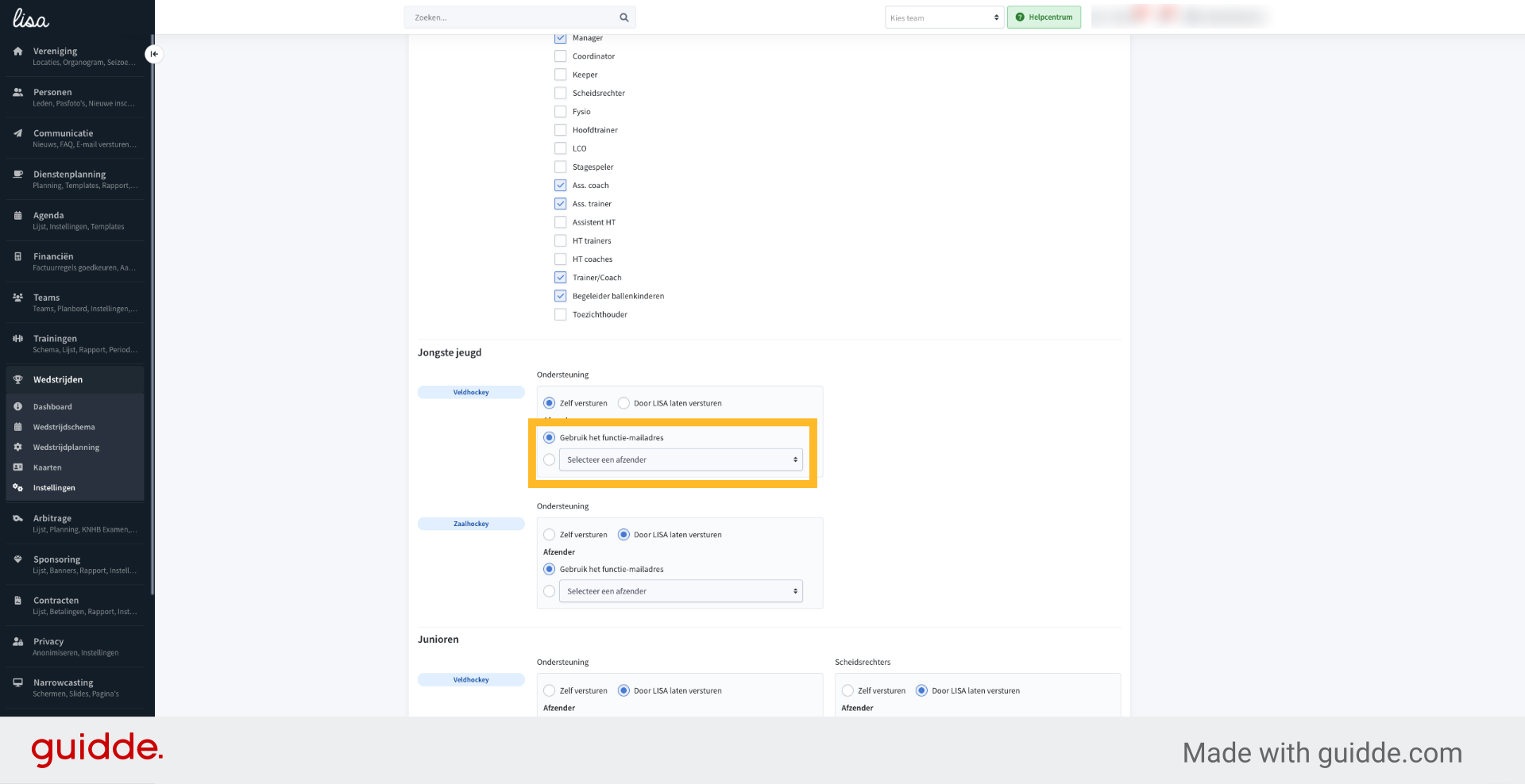 Geef hier aan of je wilt dat de afzender het mailadres is wat genoteerd staat in het organogram bij de rol van wedstrijdsecretaris of kies voor een eigen gekozen afzender in de pull down