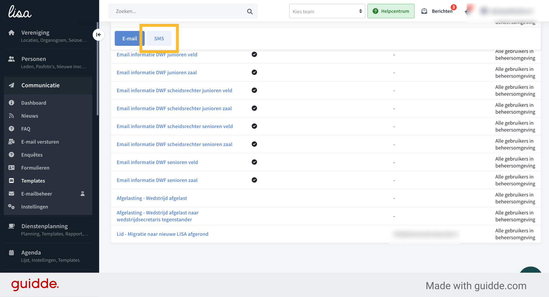 Klik op 'SMS' om de templates van de SMS aan te passen