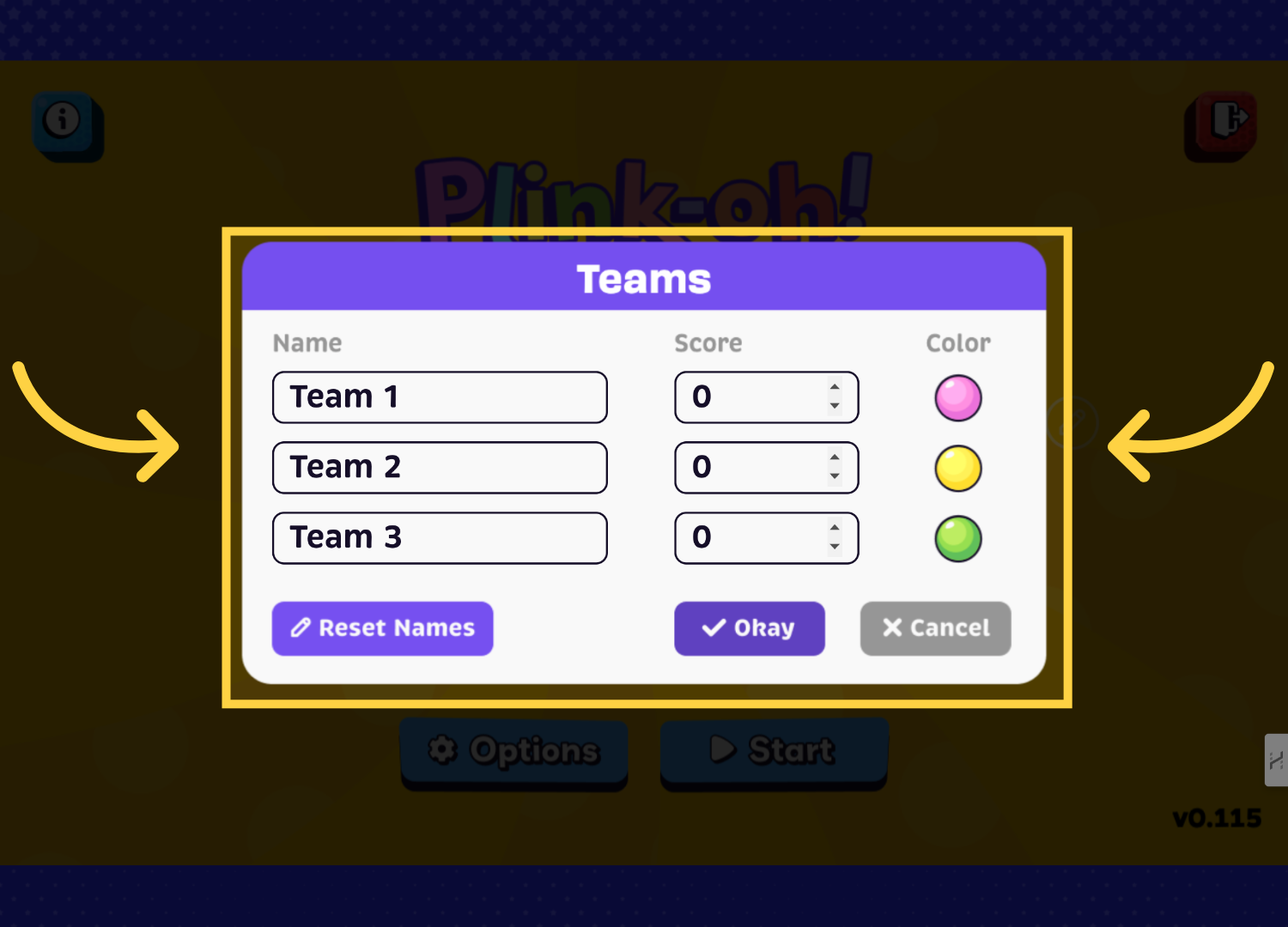 Team name and color