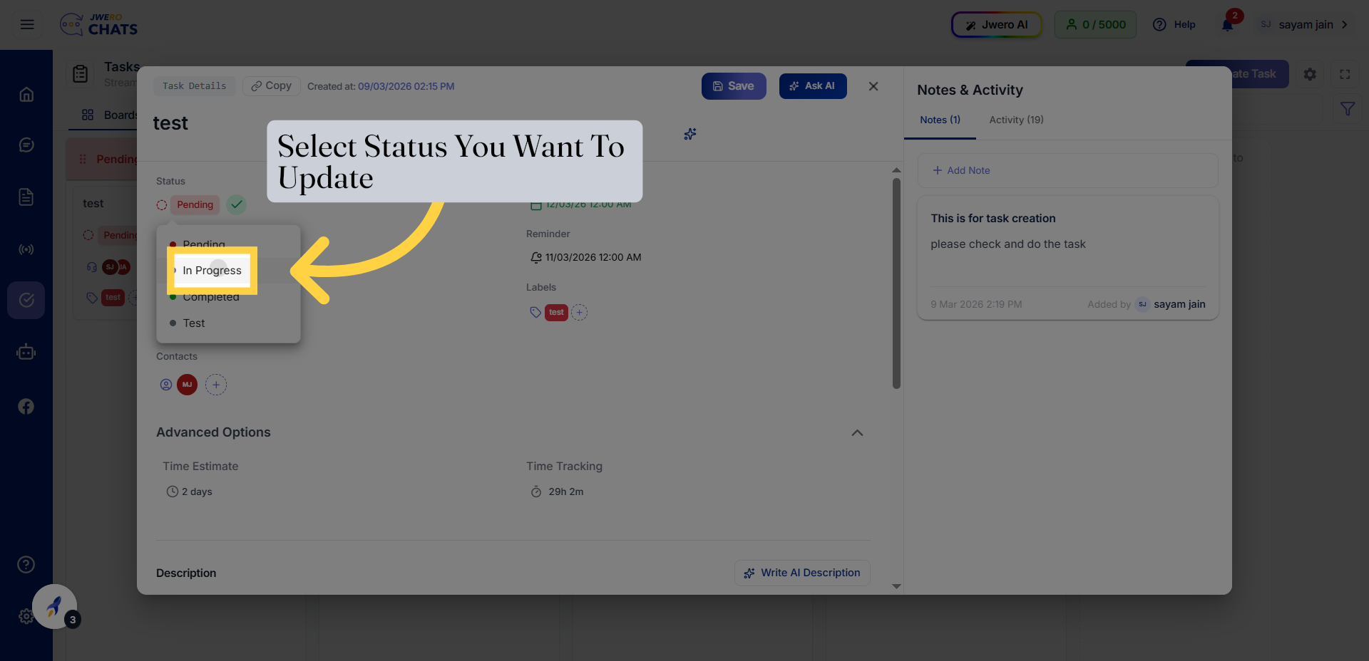 Select Status You Want To Update