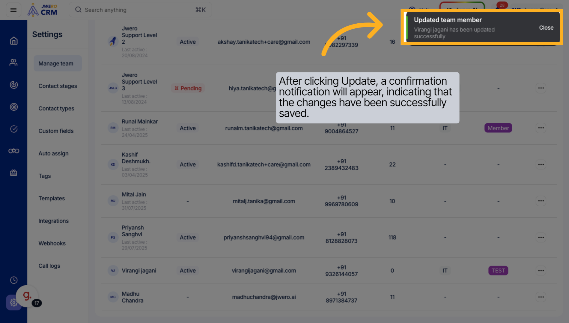 After clicking Update, a confirmation notification will appear, indicating that the changes have been successfully saved.
