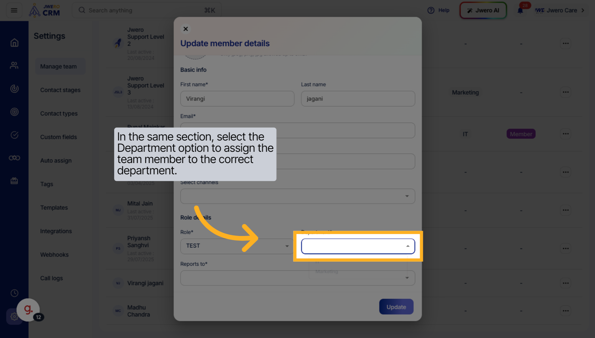 In the same section, select the Department option to assign the team member to the correct department.