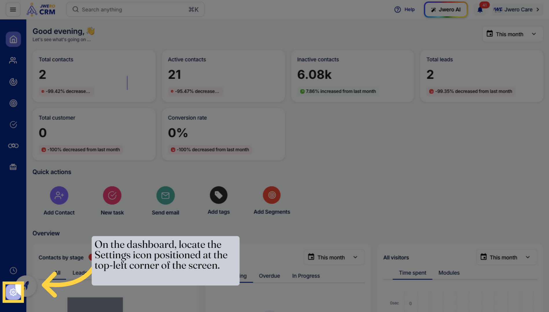 On the dashboard, locate the Settings icon positioned at the top-left corner of the screen.