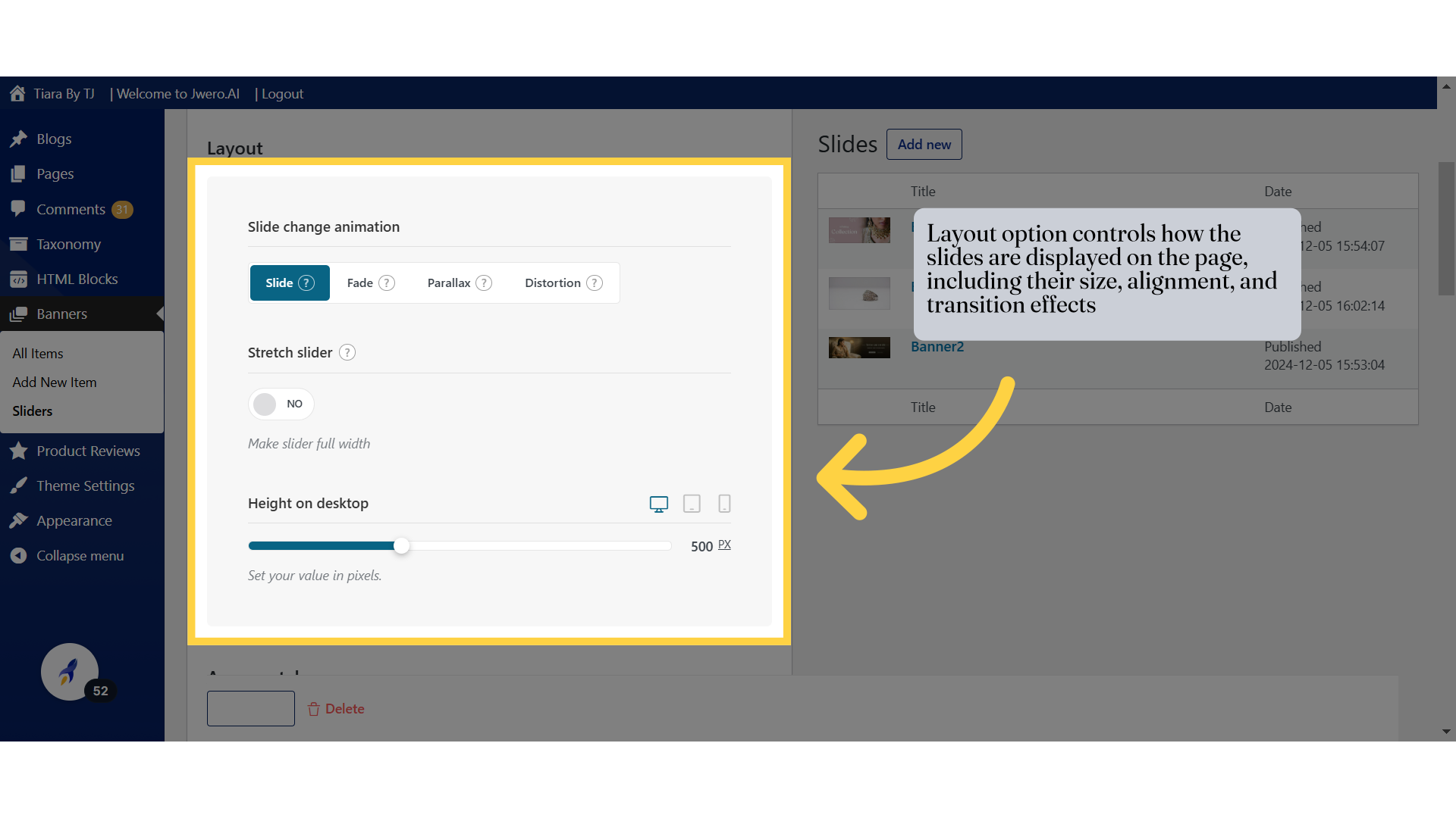 Layout option controls how the slides are displayed on the page, including their size, alignment, and transition effects