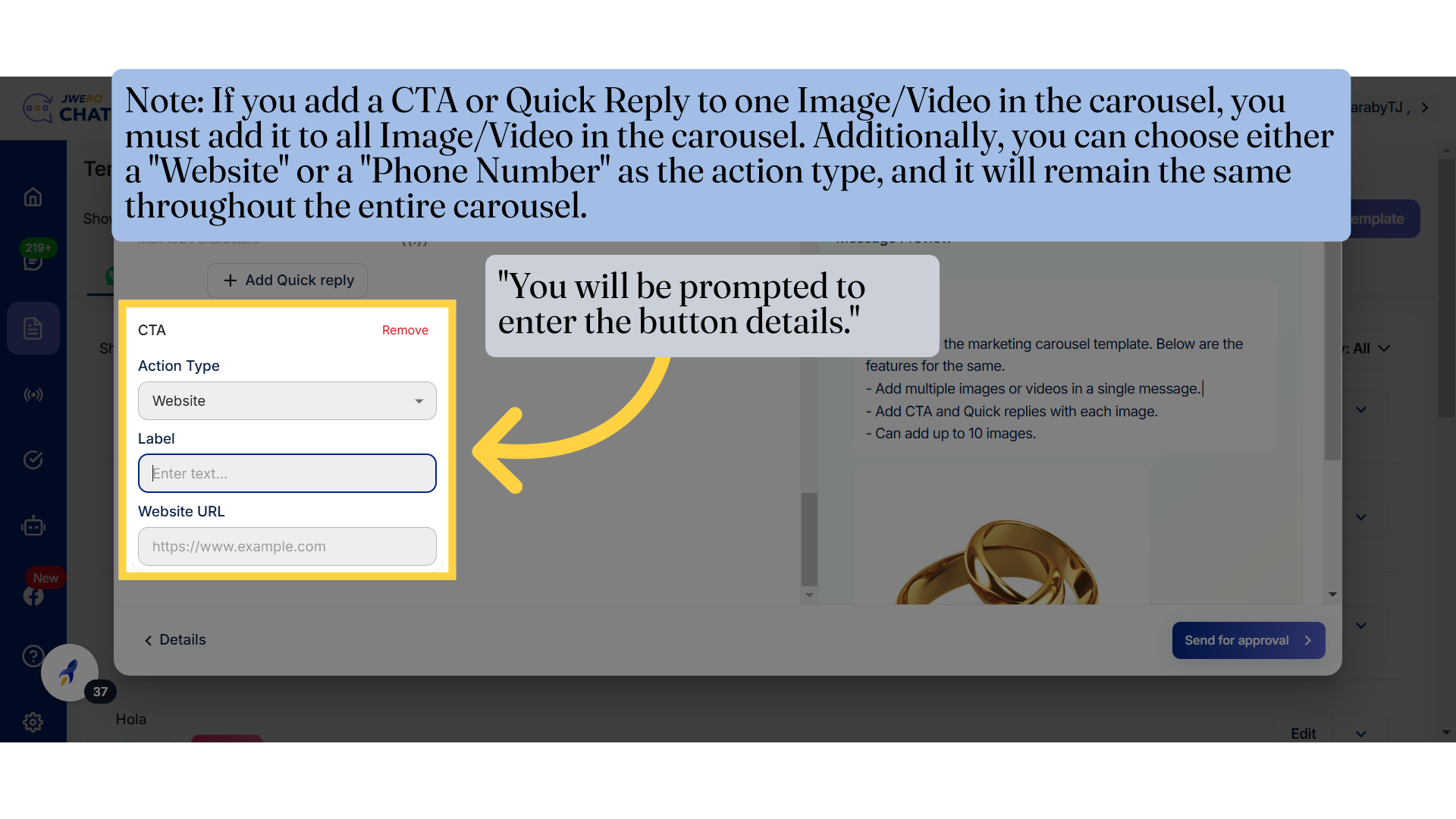 'You will be prompted to enter the button details.'