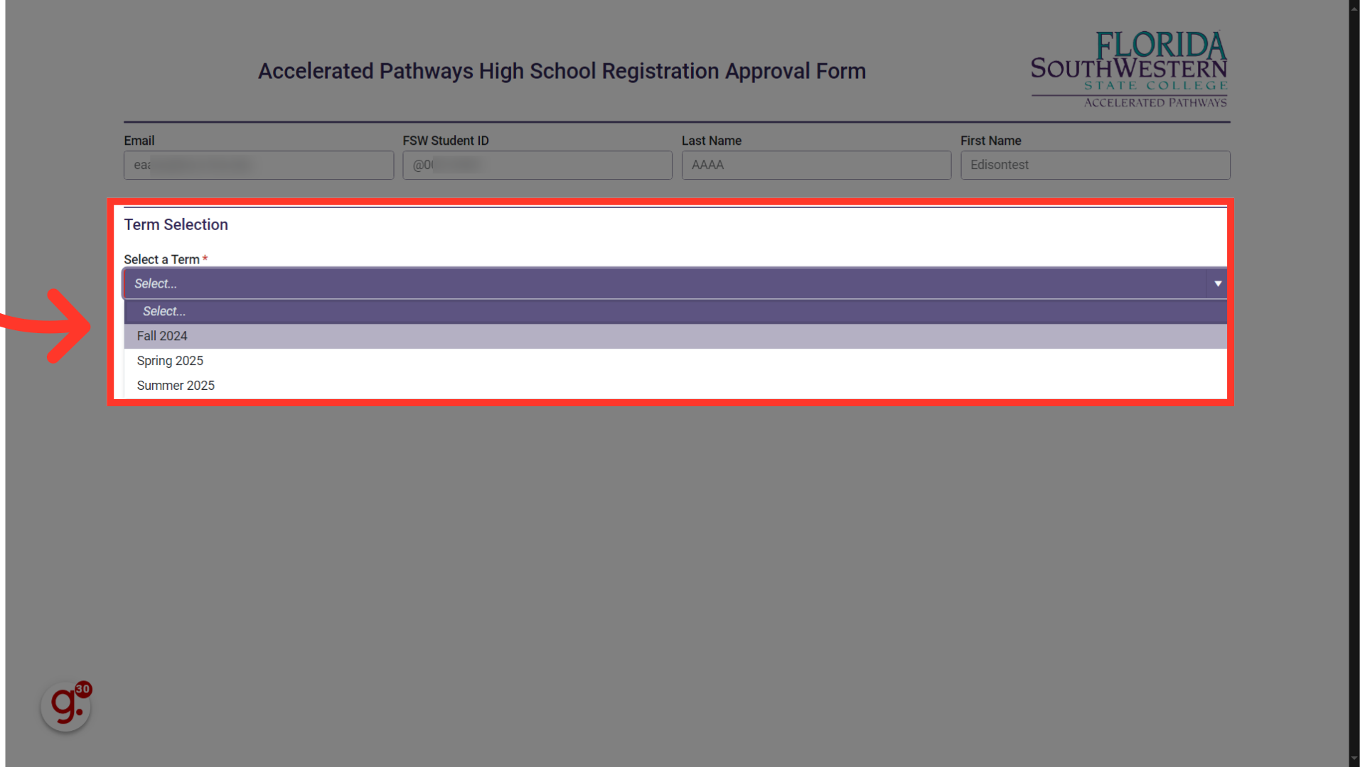 Select the term you are enrolling for