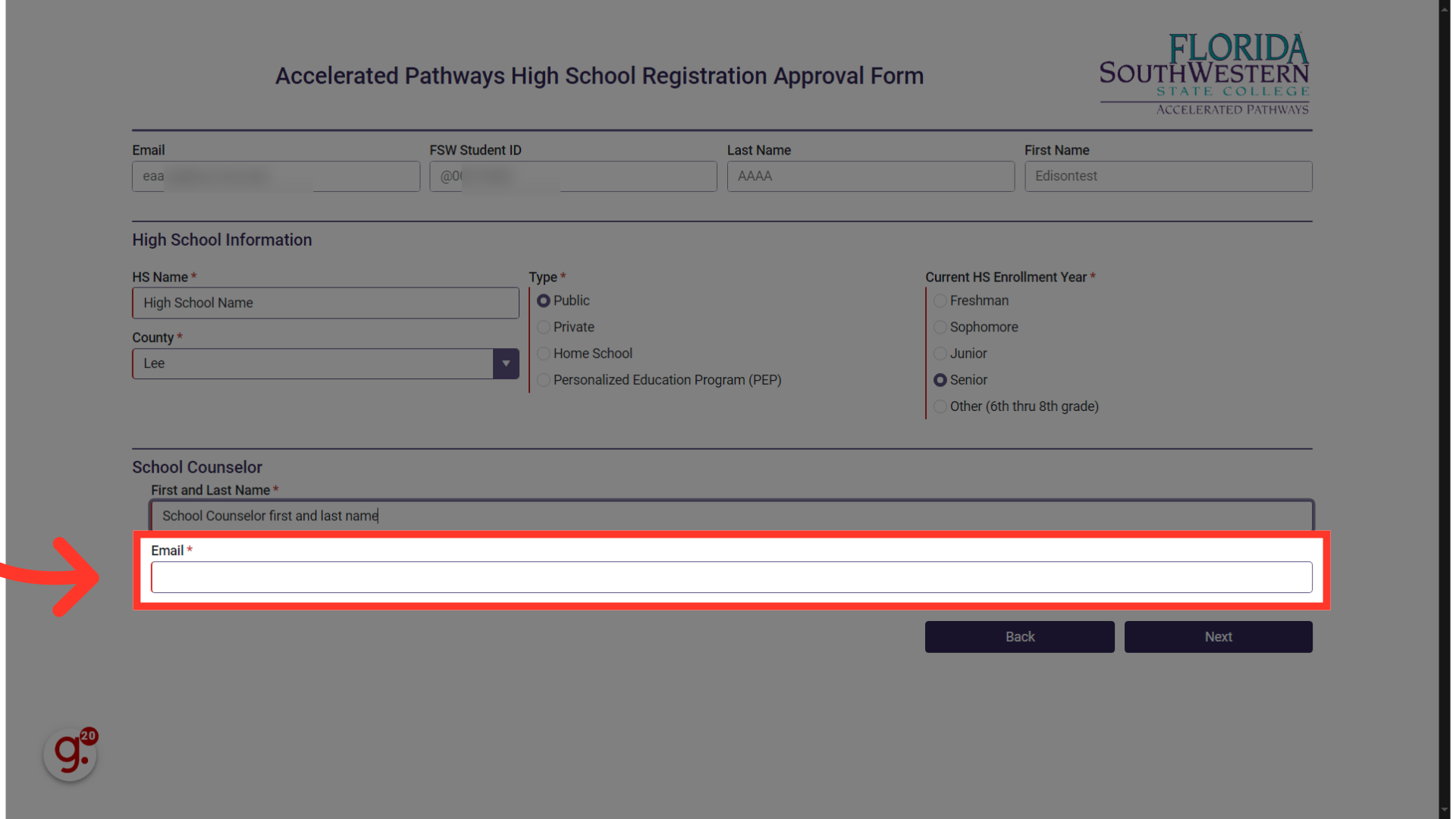 Provide your High School Representative's email address