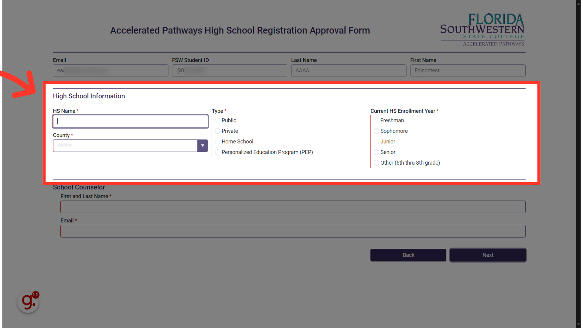 Click in each field and complete your high school information