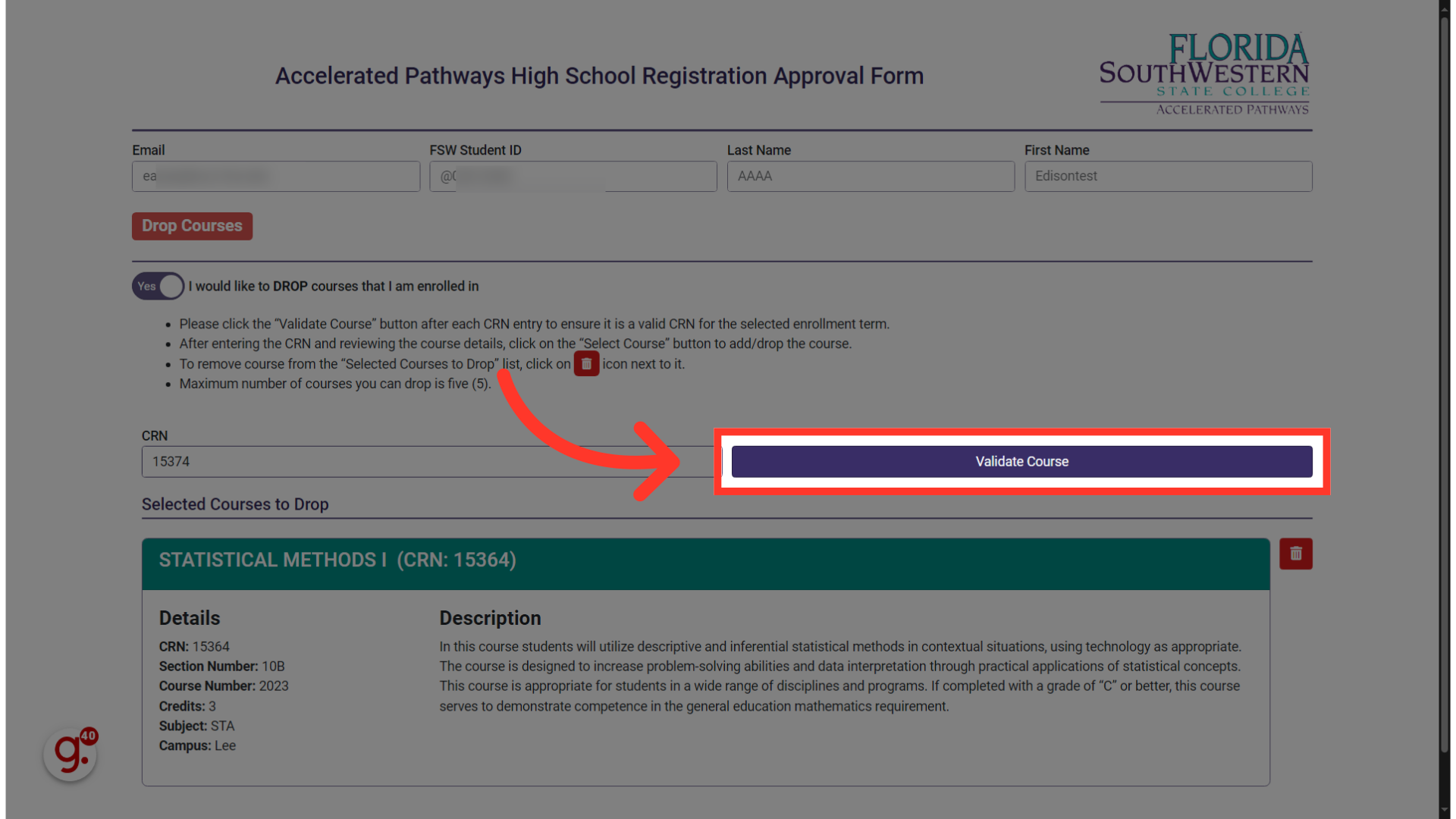 Click 'Validate Course'