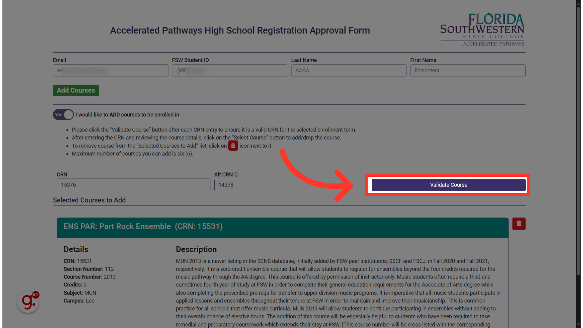 Click 'Validate Course'