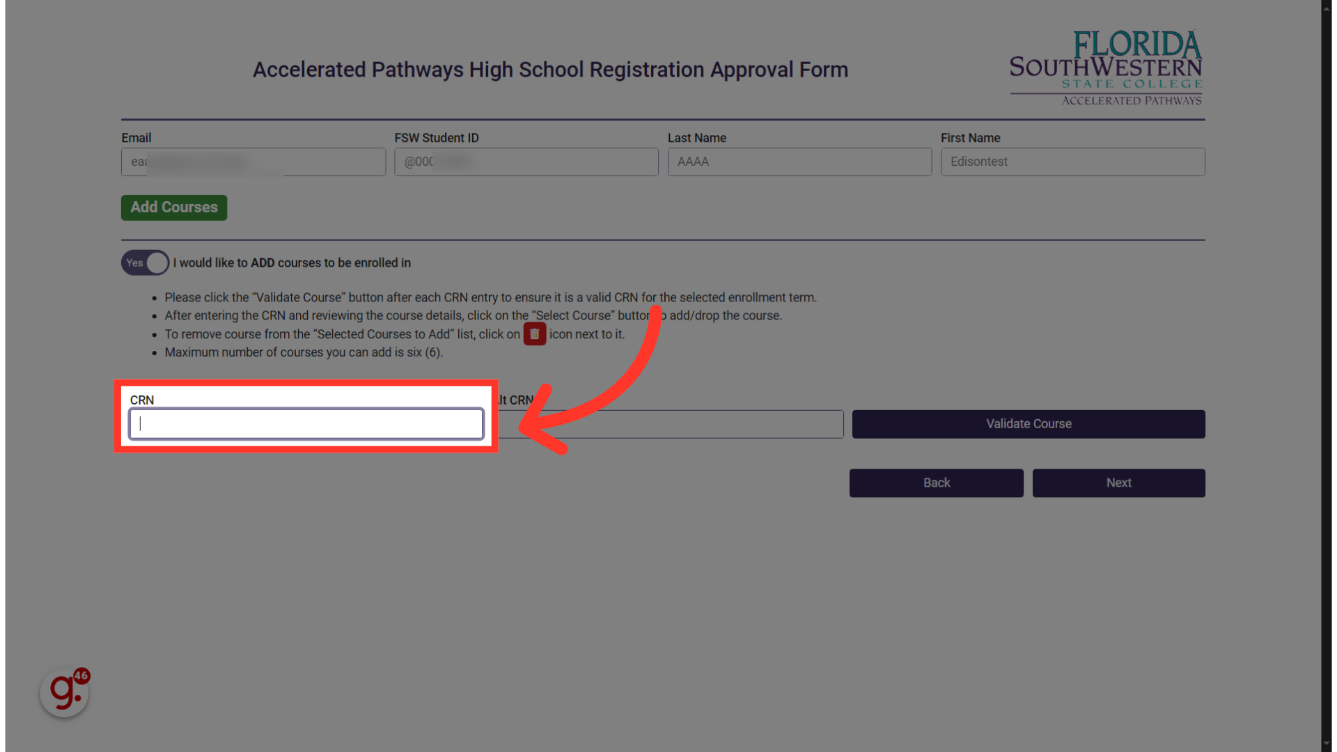 Enter the 'CRN' to ADD