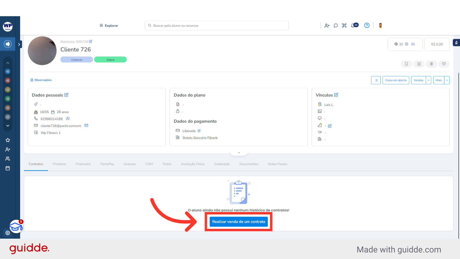 Acesse a guia 'Contratos', em seguida clique em 'Realizar venda de um contrato';
