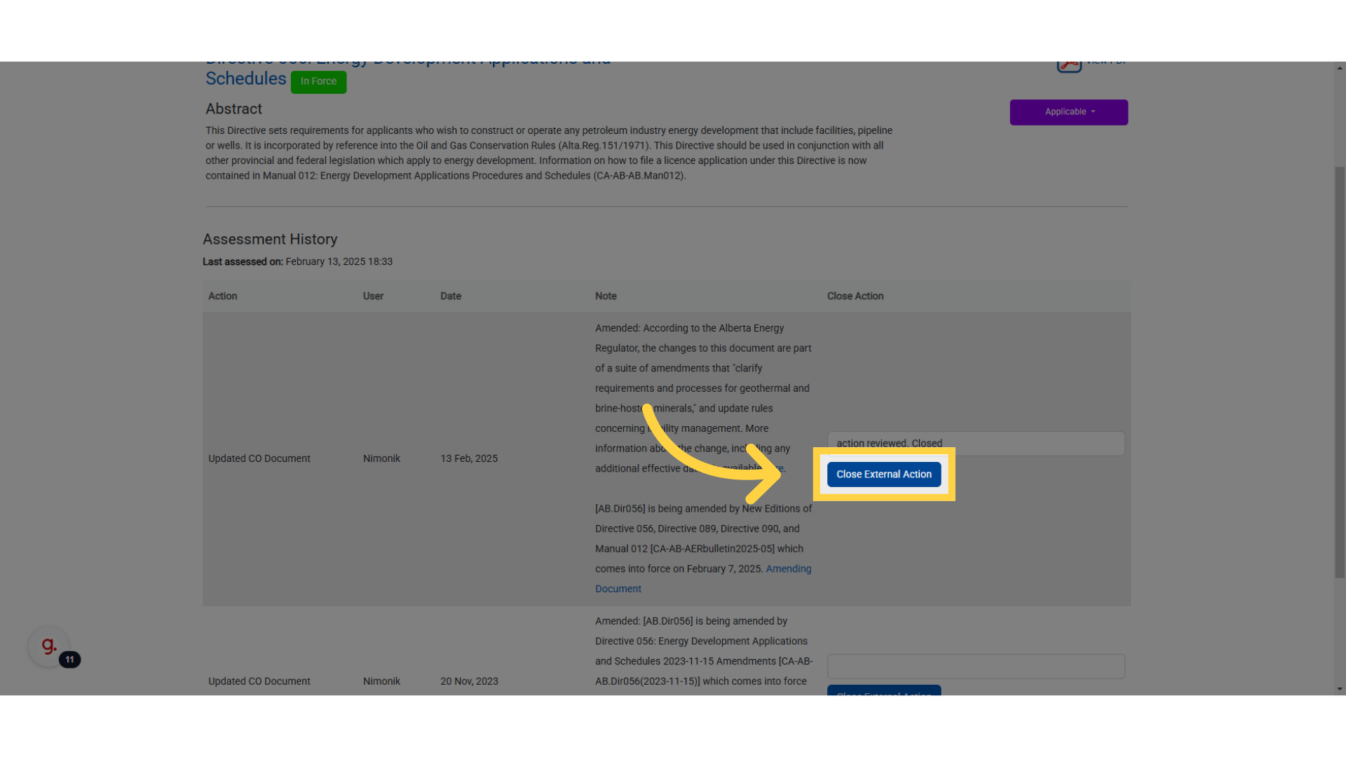 Click 'Close External Action'