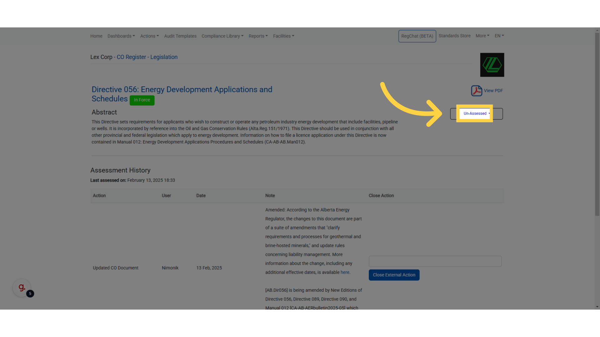 Click the 'Assessment Status' Dropdown Bar