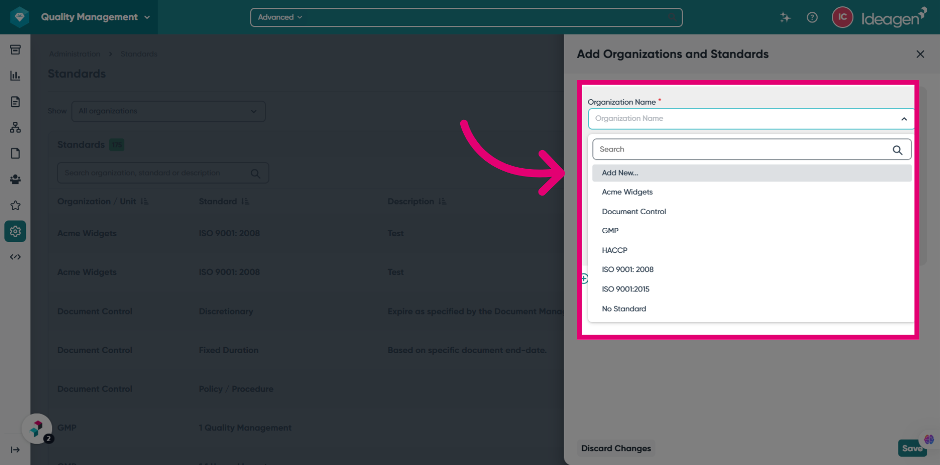Adding a Standard: Select/Add New Organization