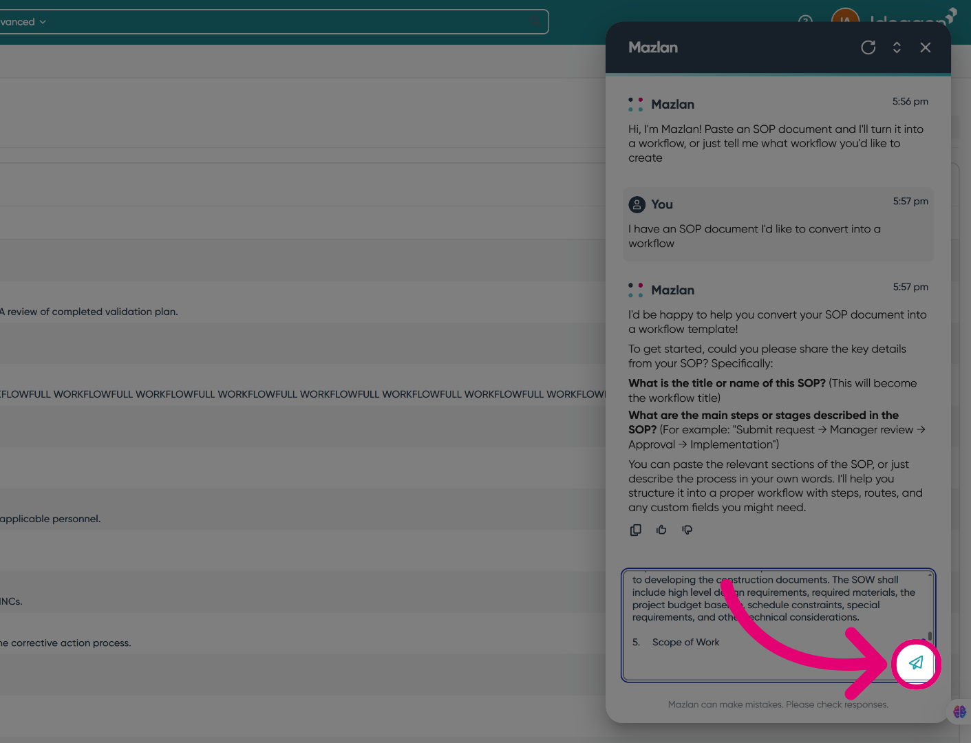 Confirm input by clicking 'Send'