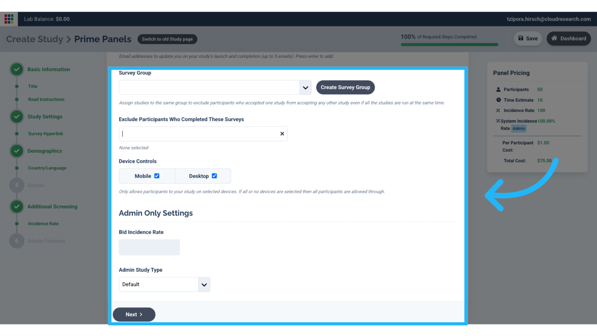 Fill out Study Settings