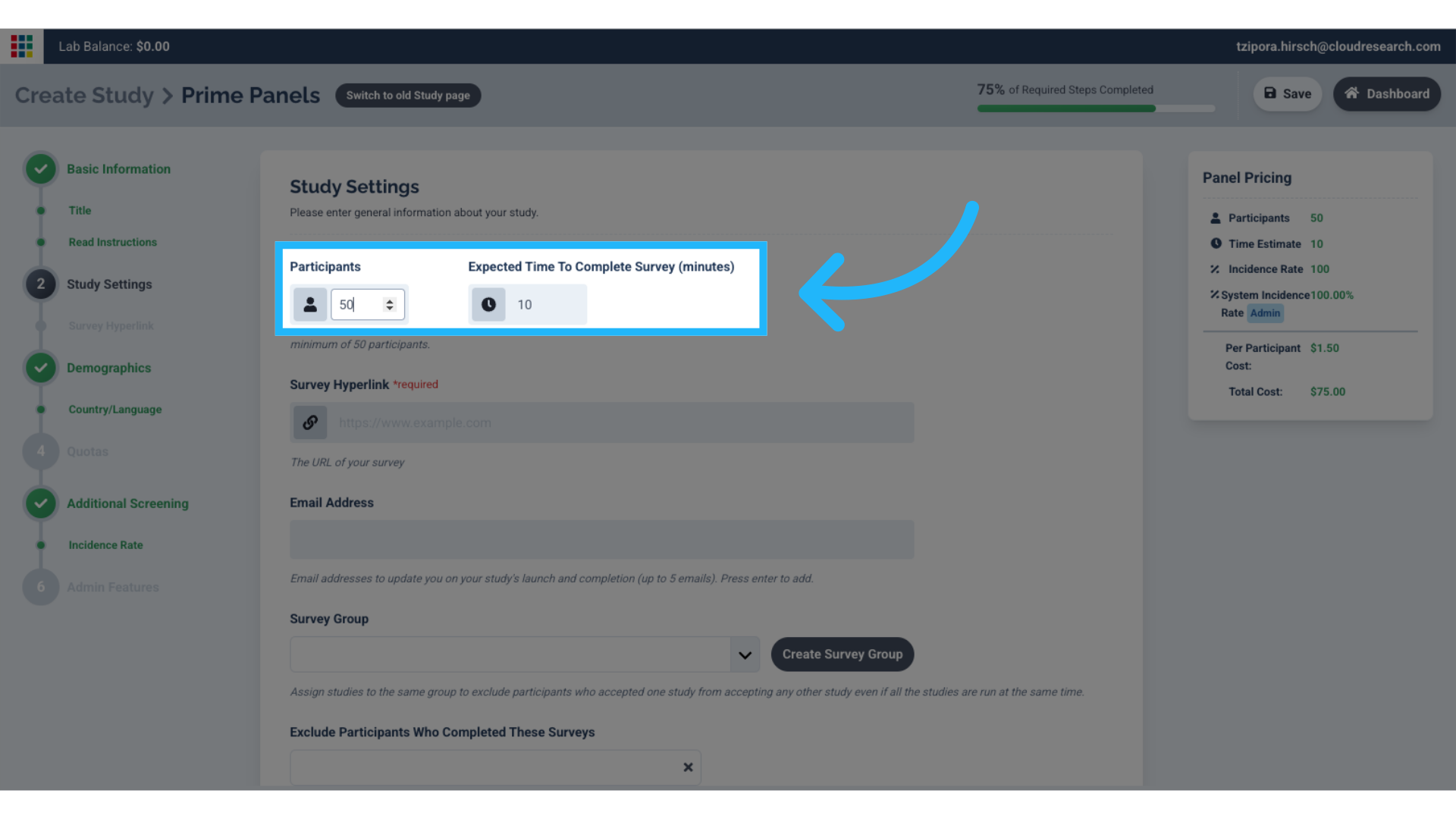 Enter number of  participants and expected survey time