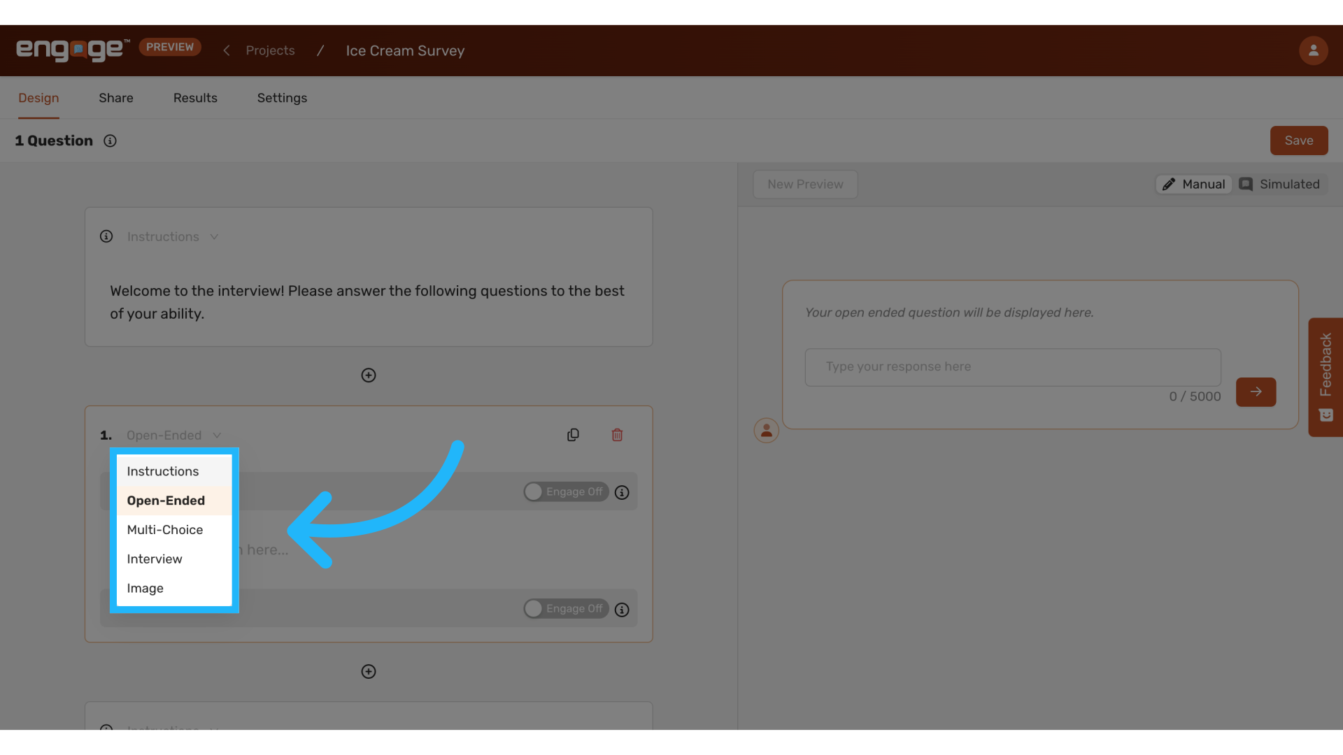 Select question type from the dropdown
