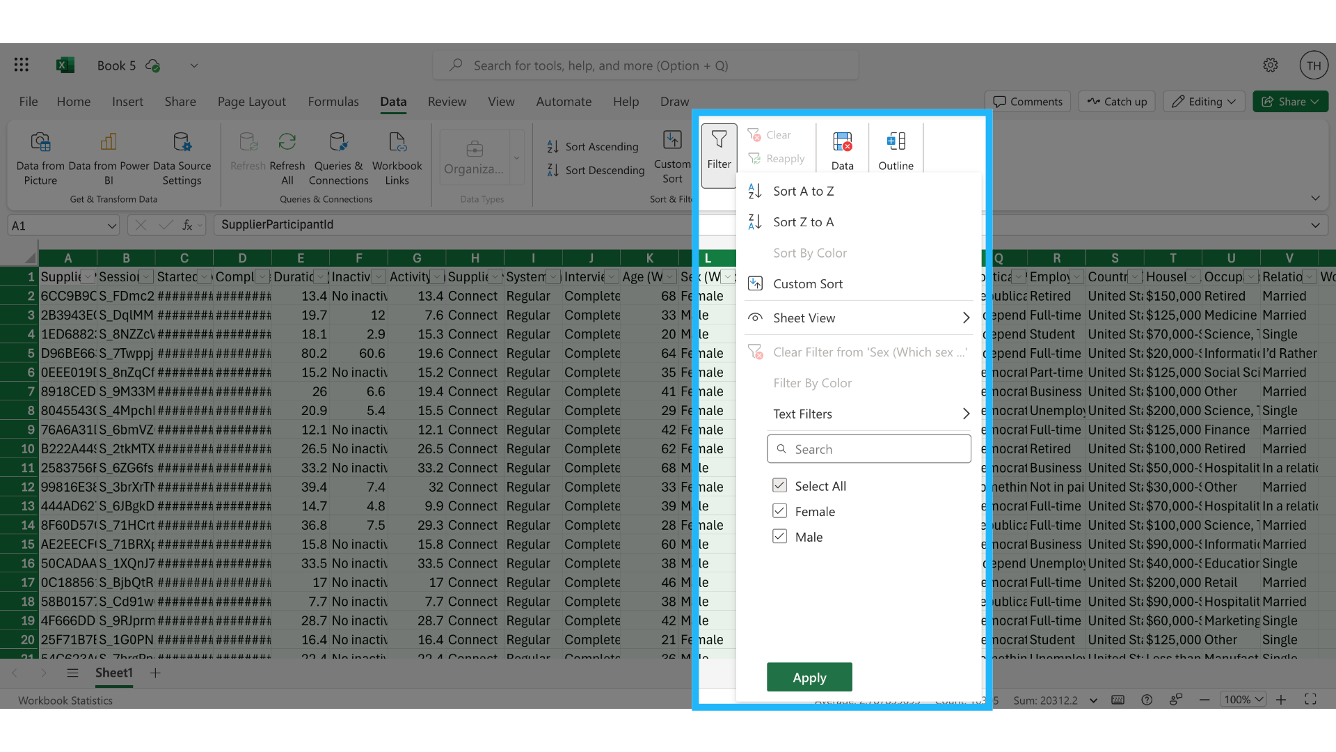 Filter or sort data