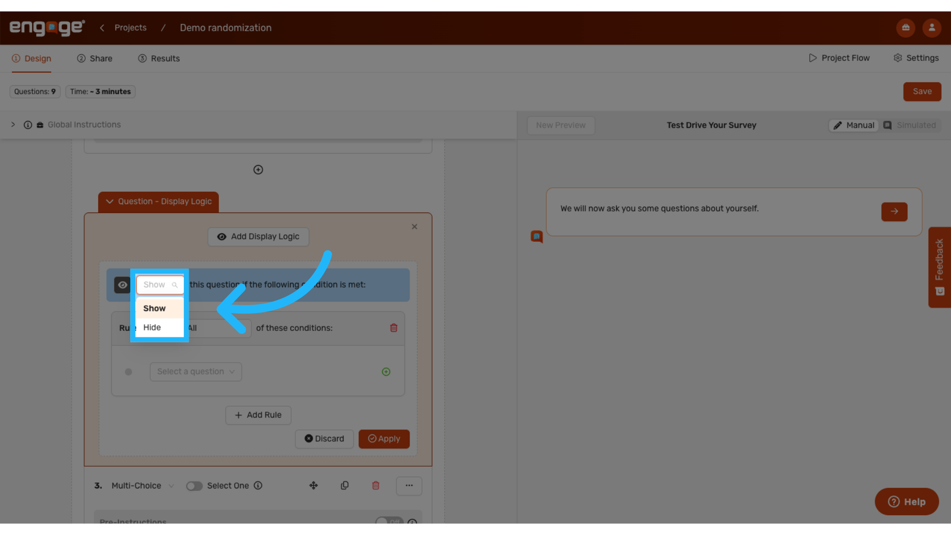 Select 'Show' or 'Hide'