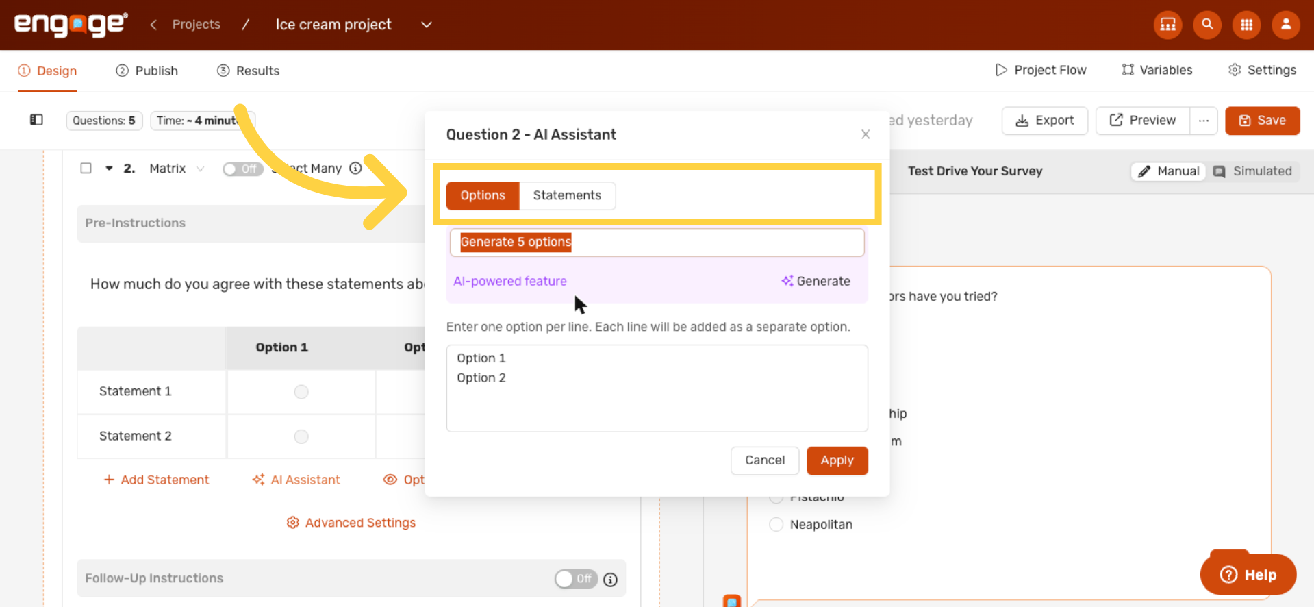 Generate Options and Statements 