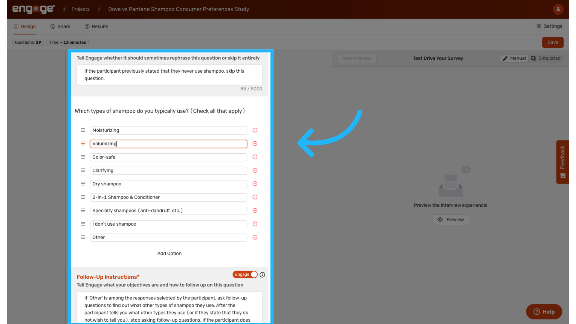 Edit Pre-Instructions, Questions, and Follow Ups
