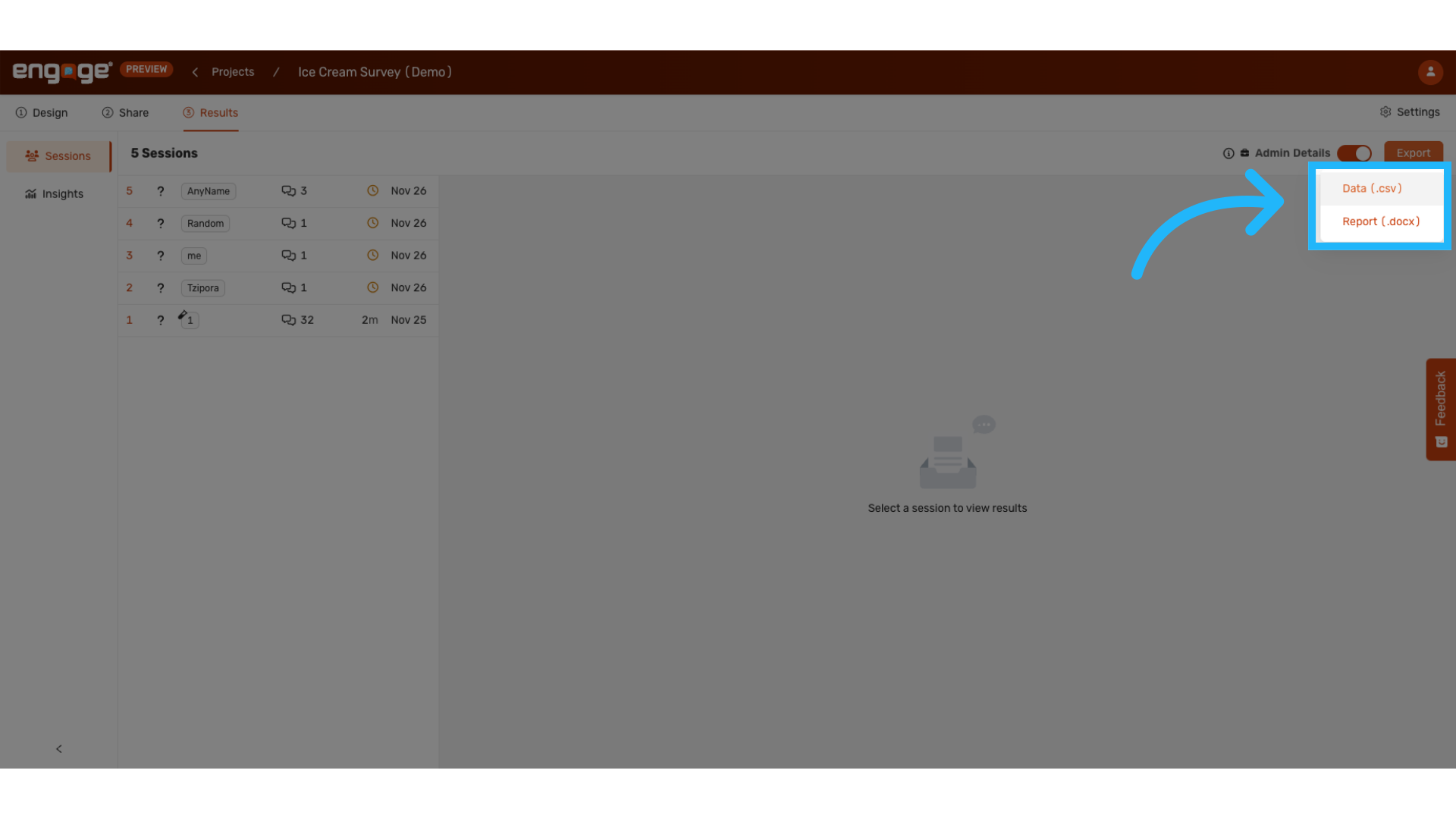 Choose file type (csv, docx)