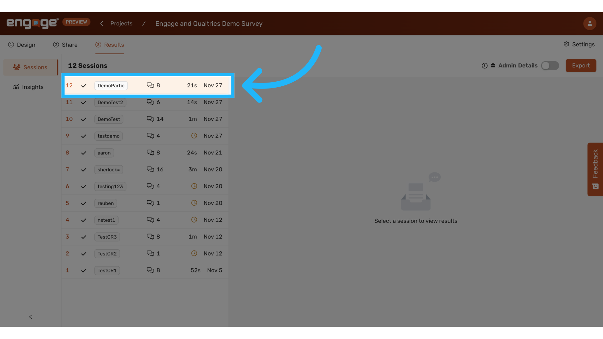 Select a Session to view